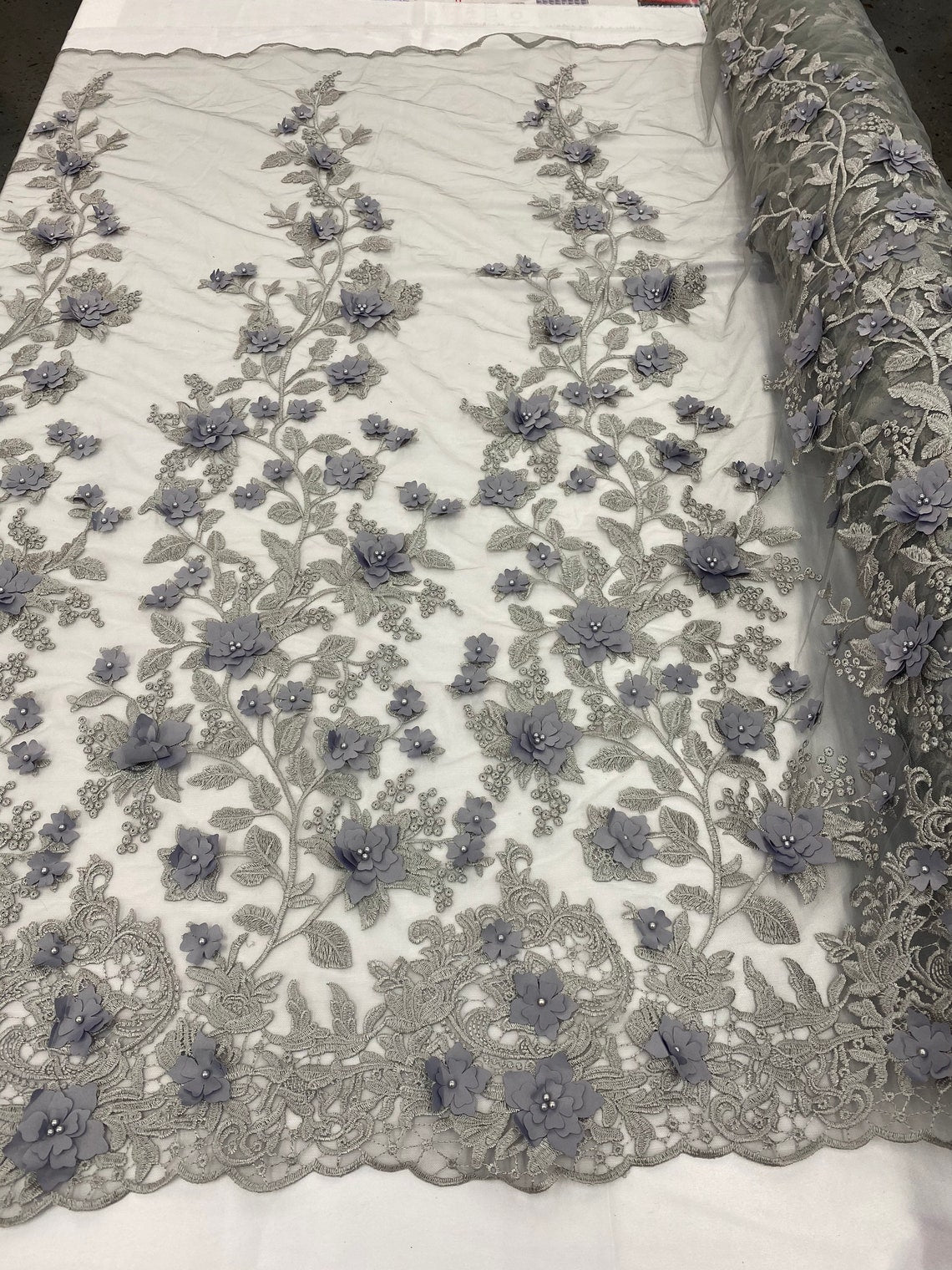3D Floral Princess Fabric -  Silver - Embroidered Floral Lace Fabric with 3D Flowers By Yard