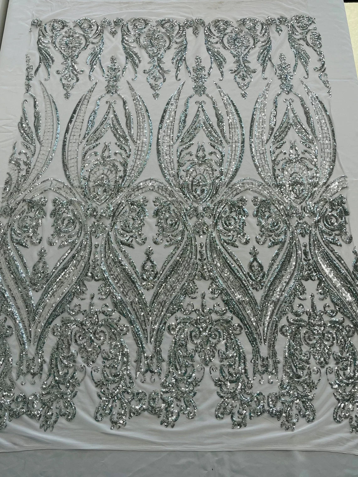 Big Damask 4 Way Sequins - Silver - Embroidered Damask Design Sequins Fabric Sold By Yard