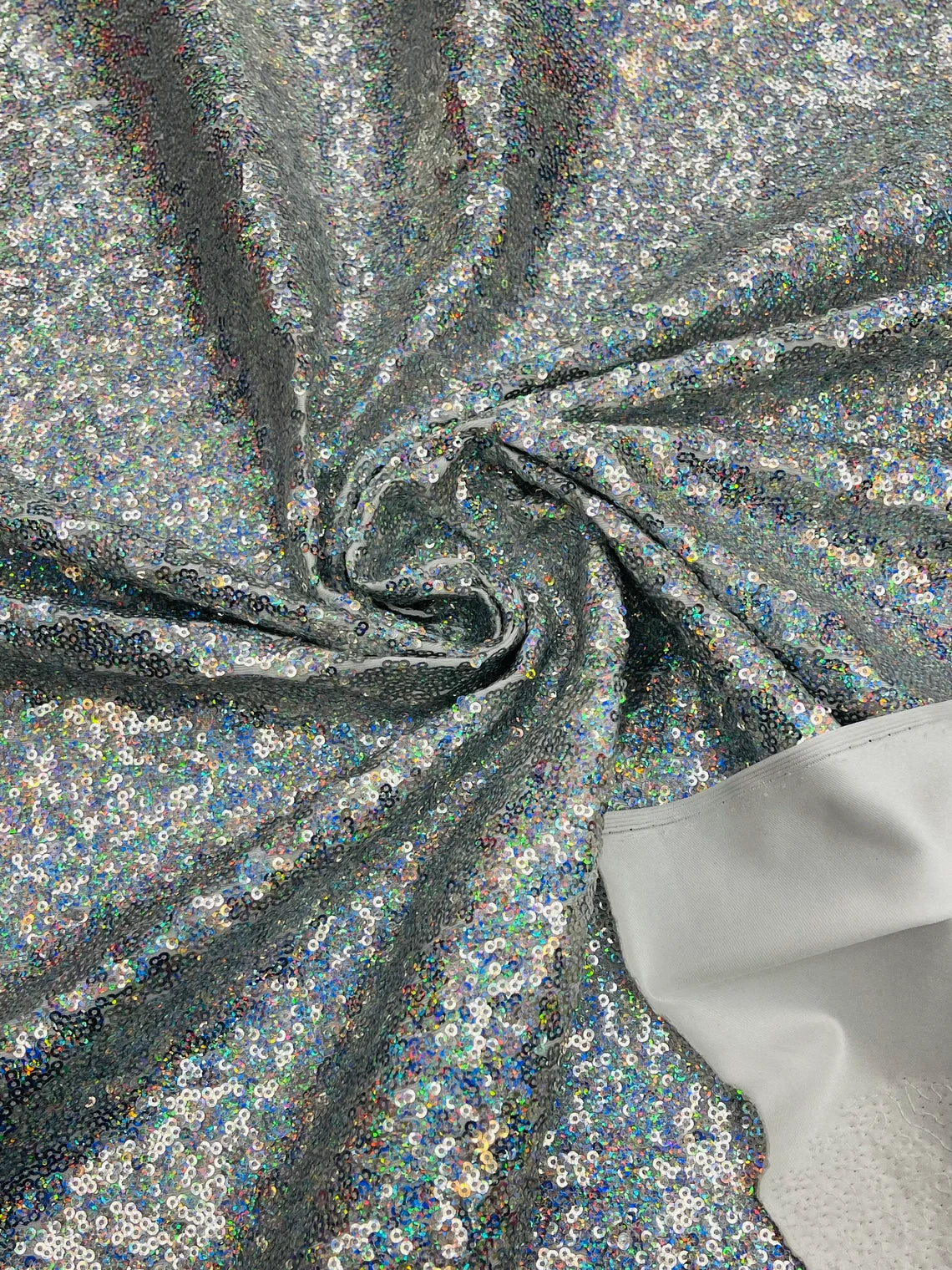 Mini Glitz Sequins on Milliskin - Silver - 4 Way Stretch Milliskin Stretch Spandex Fabric by Yard