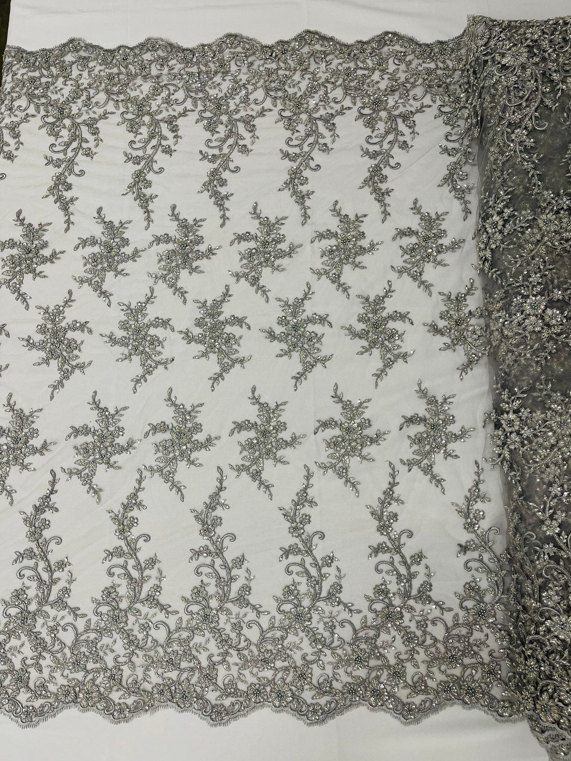 Floral Long Border Bead Fabric - Silver - Embroidered Floral Cluster Design Fabric By Yard