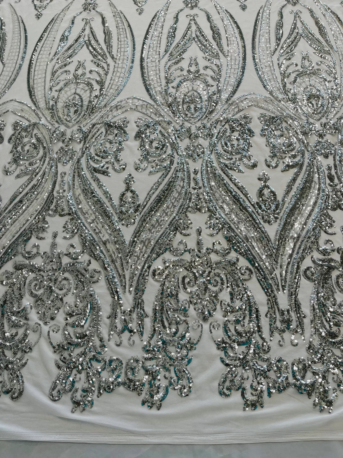 Big Damask 4 Way Sequins - Silver - Embroidered Damask Design Sequins Fabric Sold By Yard