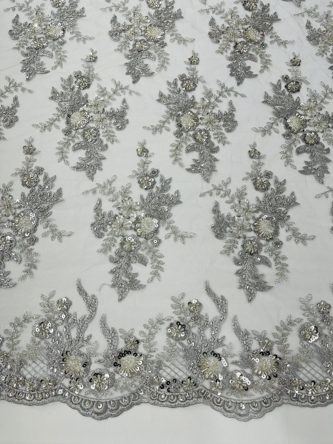 Floral Leaf Bead Sequins Fabric - Silver - Embroidered Flower and Leaves Design Fabric By Yard