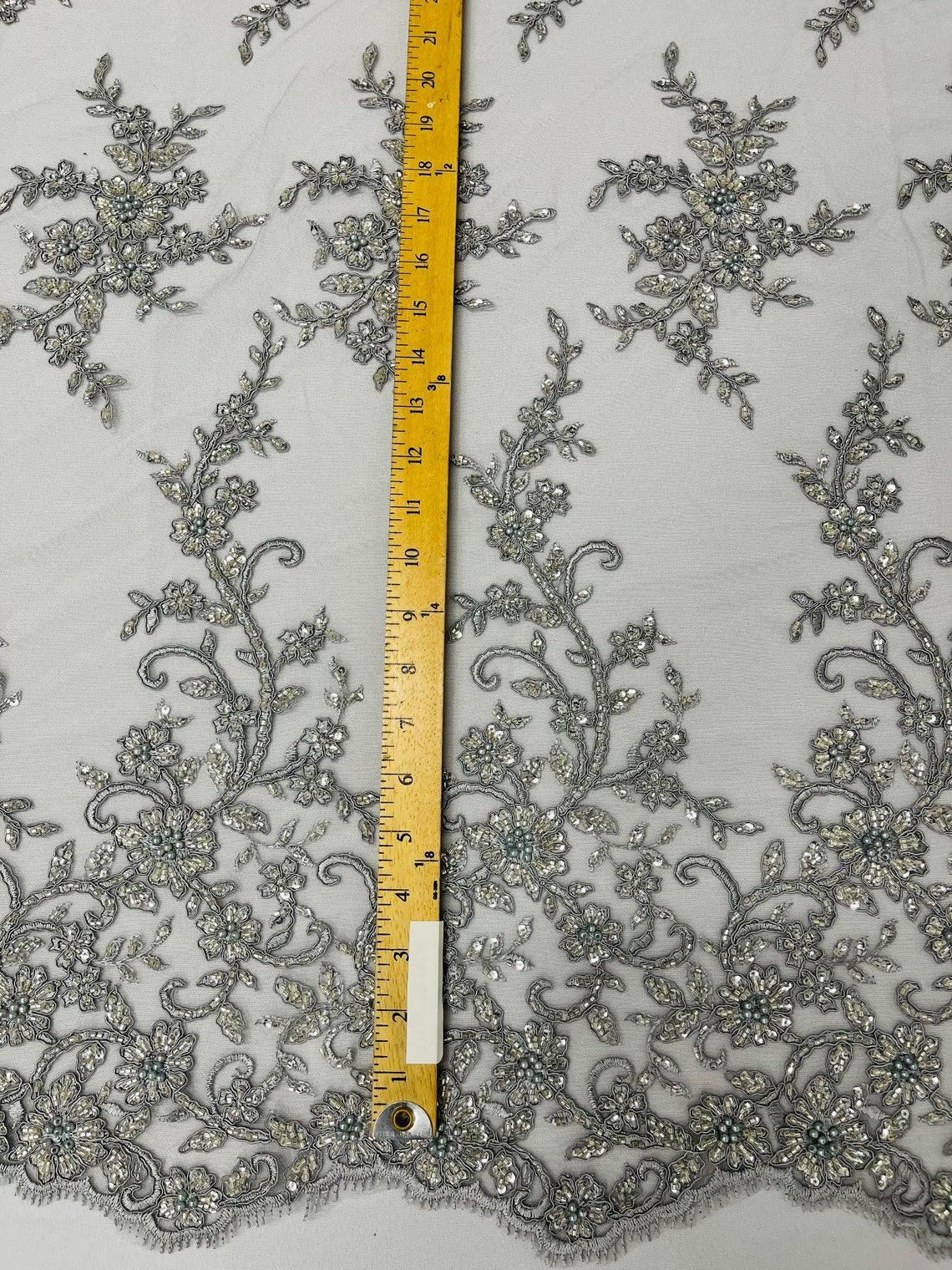 Floral Long Border Bead Fabric - Silver - Embroidered Floral Cluster Design Fabric By Yard