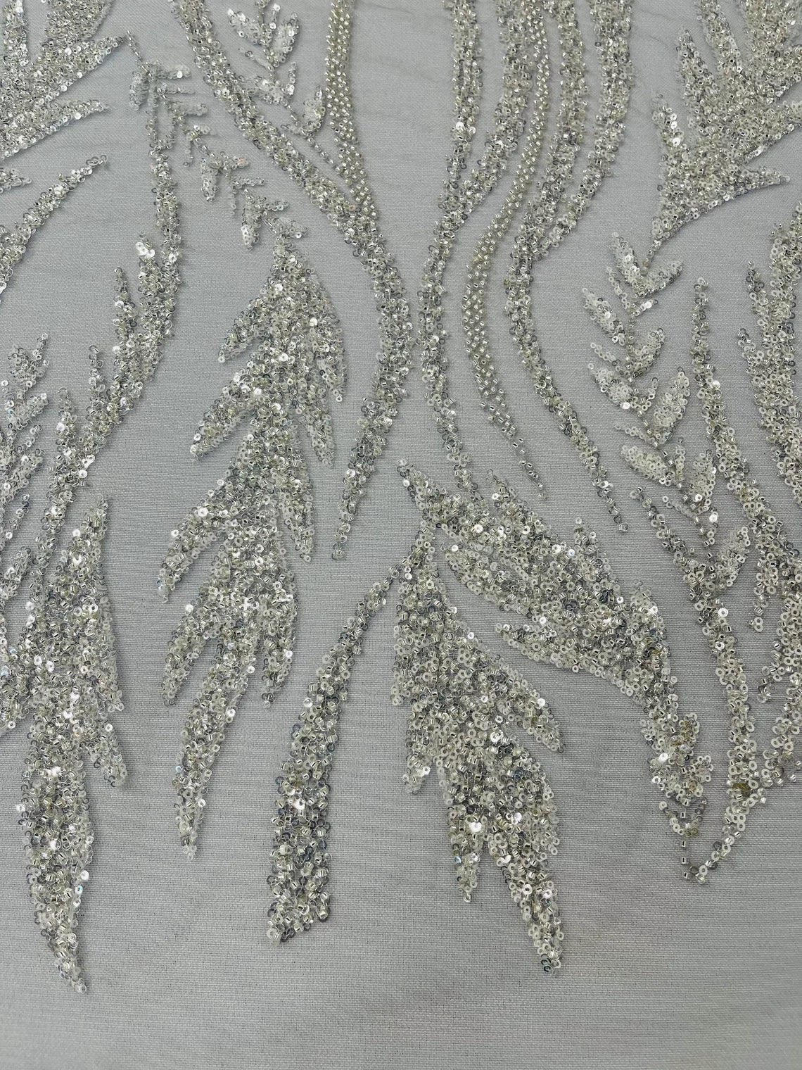 Wavy Beaded Leaf Fabric - Silver - Embroidered Beaded Leaf Pattern Lace Fabric Sold By The Yard