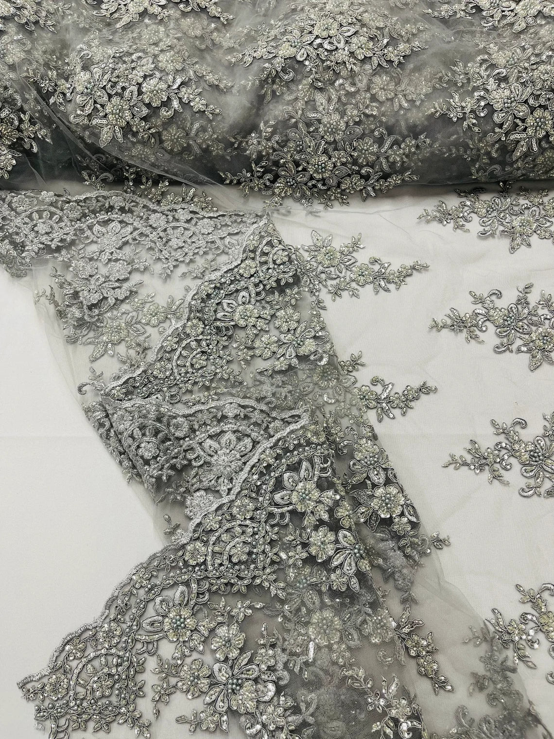 Beaded Clusters Design Fabric - Silver - Embroidered Floral Cluster Design Fabric By Yard