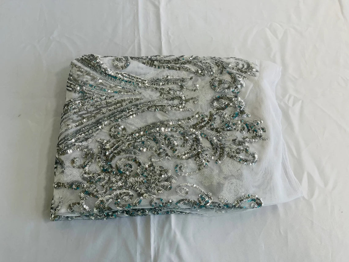 Big Damask 4 Way Sequins - Silver - Embroidered Damask Design Sequins Fabric Sold By Yard