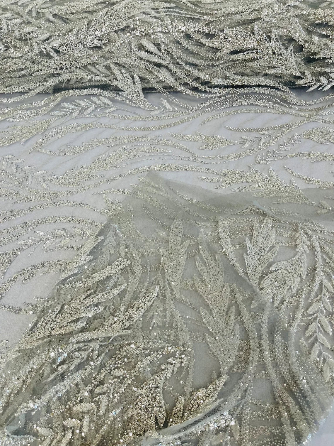 Wavy Beaded Leaf Fabric - Silver - Embroidered Beaded Leaf Pattern Lace Fabric Sold By The Yard