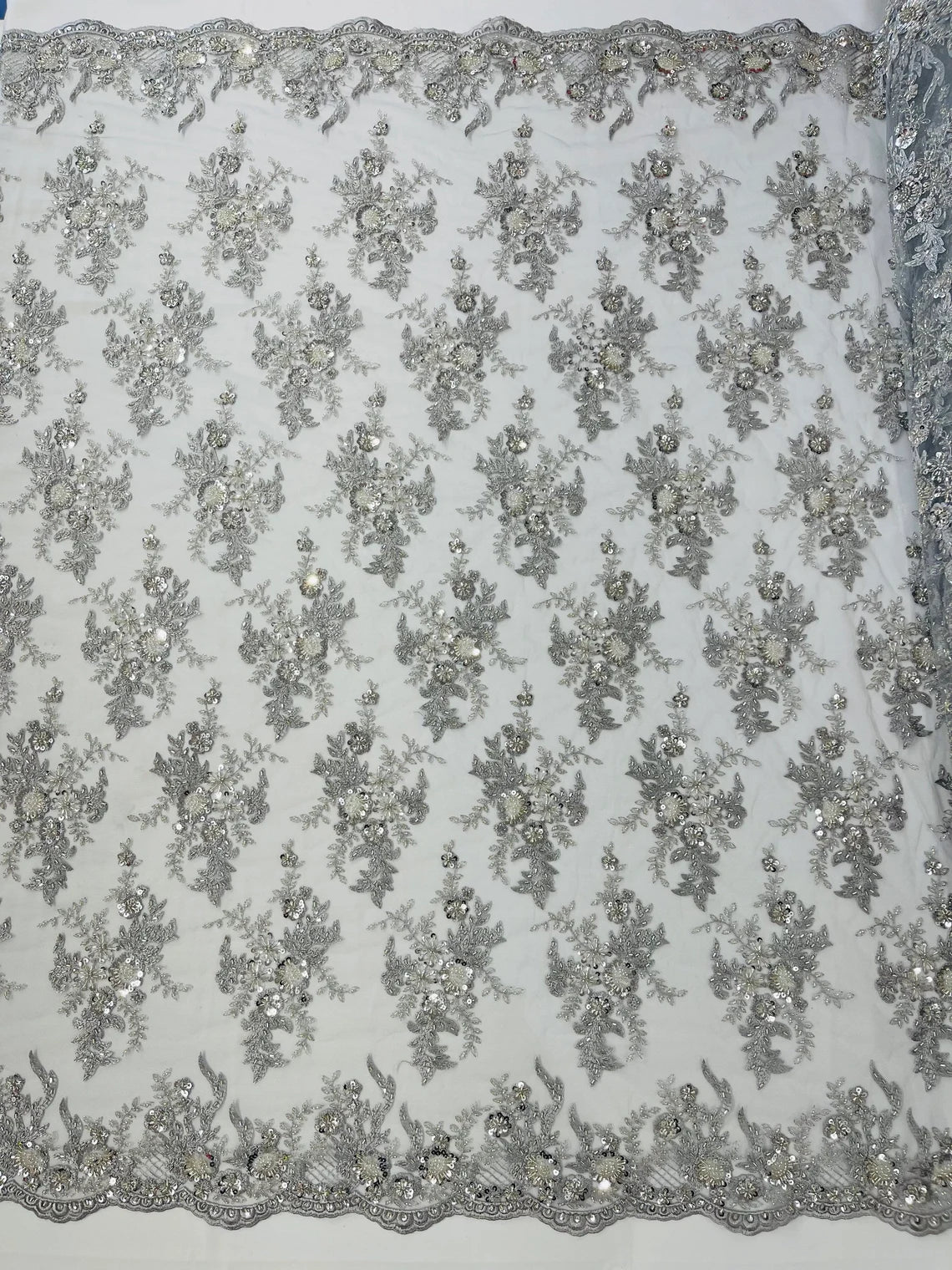 Floral Leaf Bead Sequins Fabric - Silver - Embroidered Flower and Leaves Design Fabric By Yard