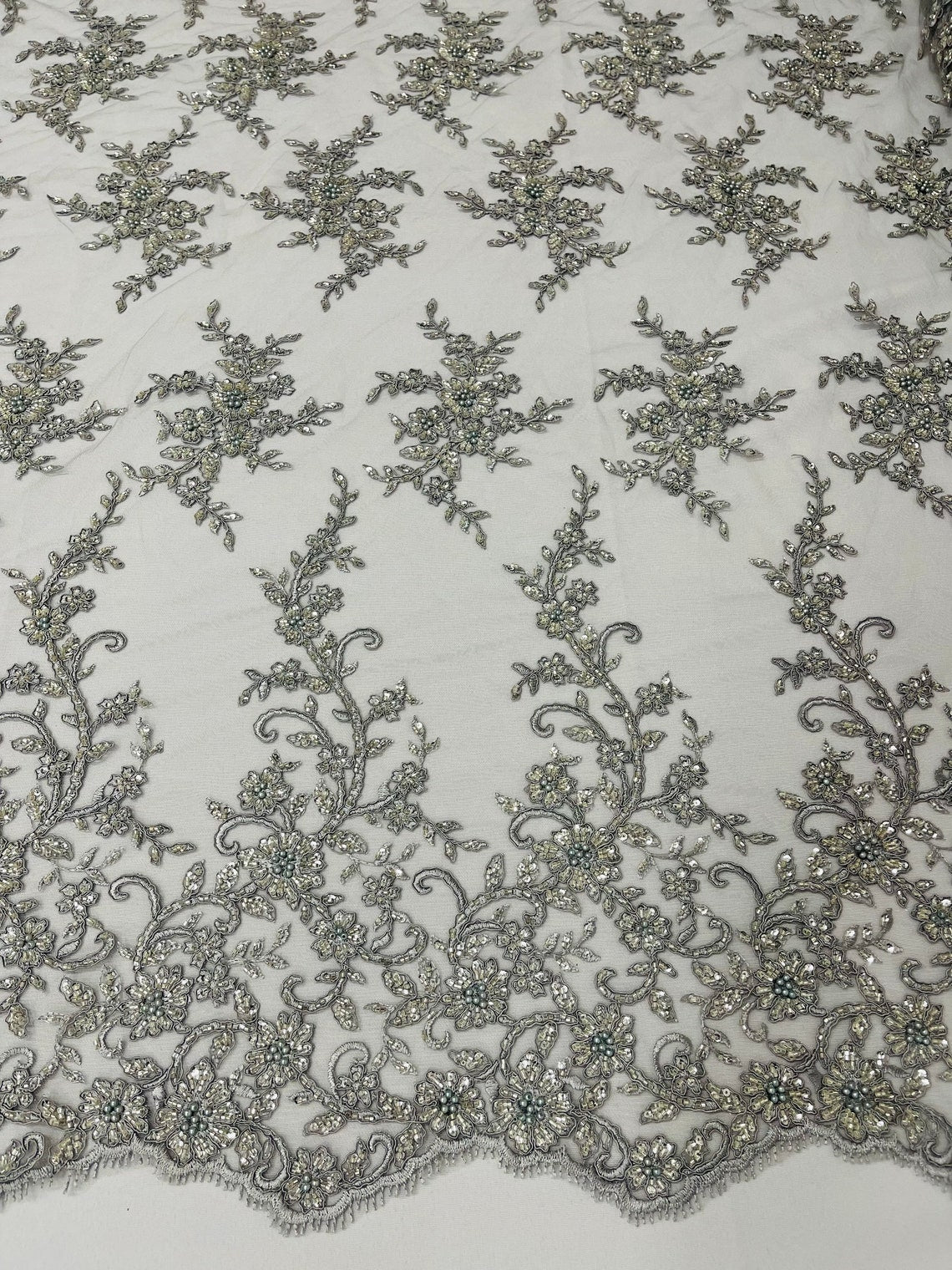 Floral Long Border Bead Fabric - Silver - Embroidered Floral Cluster Design Fabric By Yard