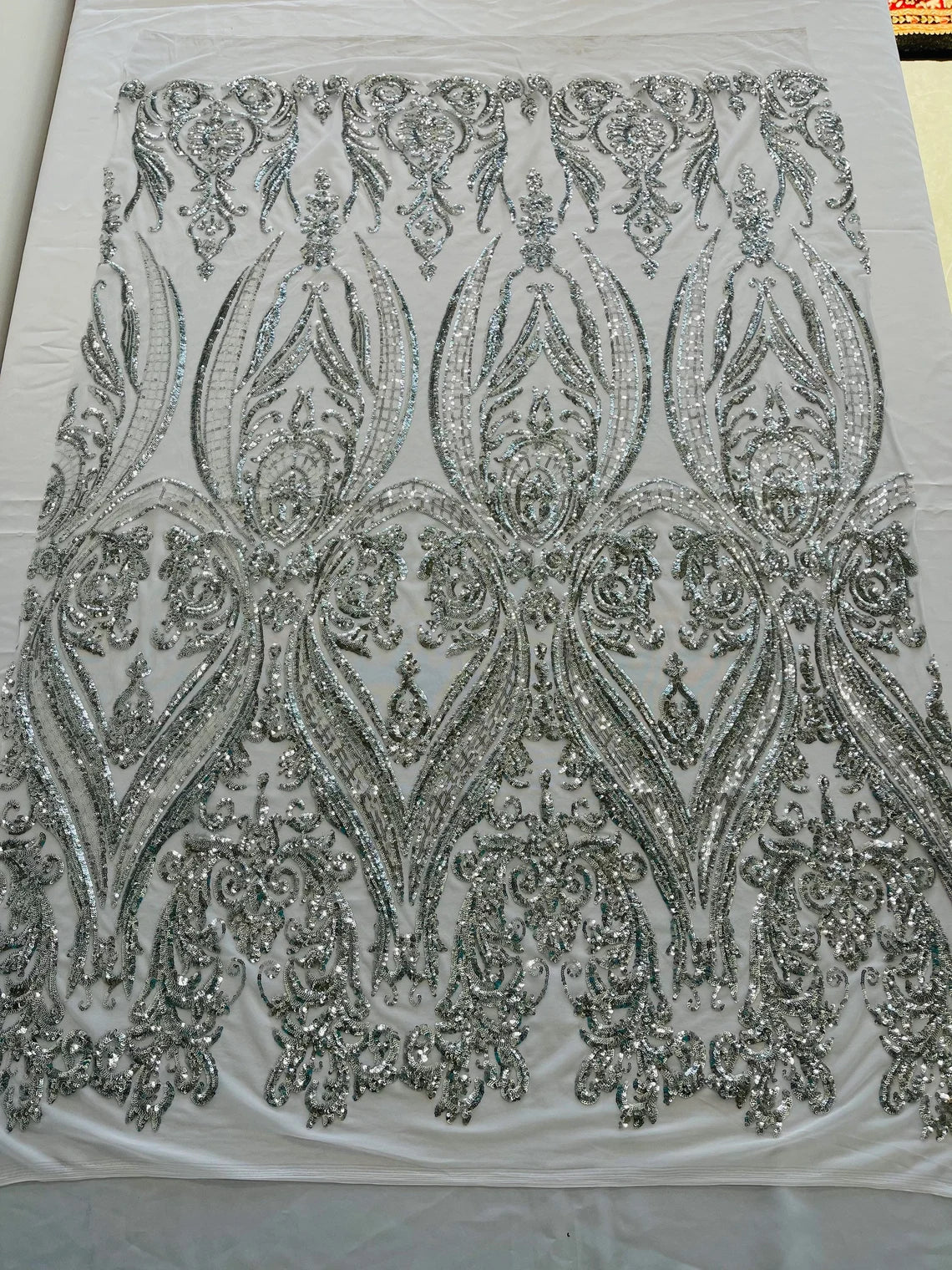 Big Damask 4 Way Sequins - Silver - Embroidered Damask Design Sequins Fabric Sold By Yard