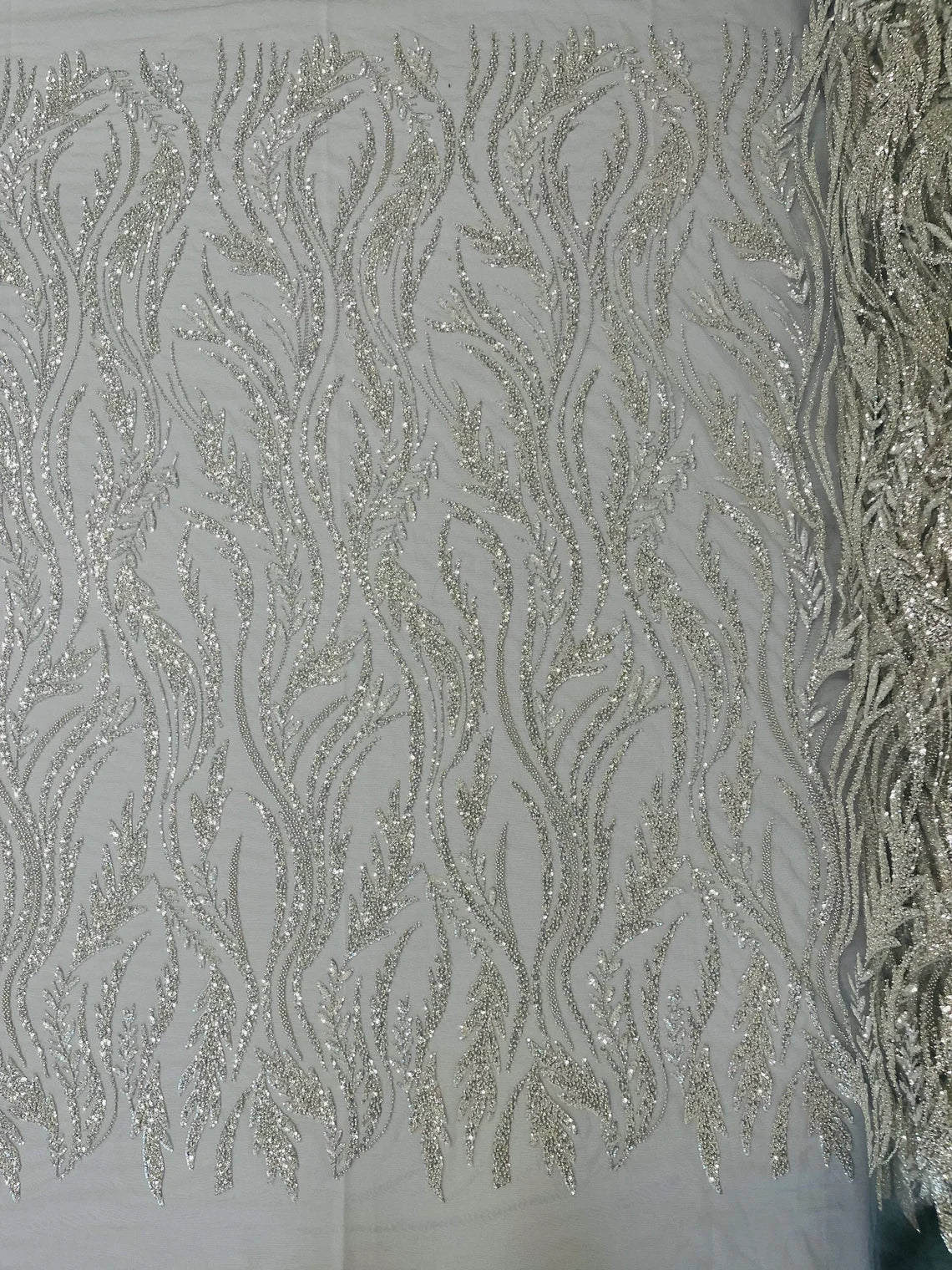 Wavy Beaded Leaf Fabric - Silver - Embroidered Beaded Leaf Pattern Lace Fabric Sold By The Yard