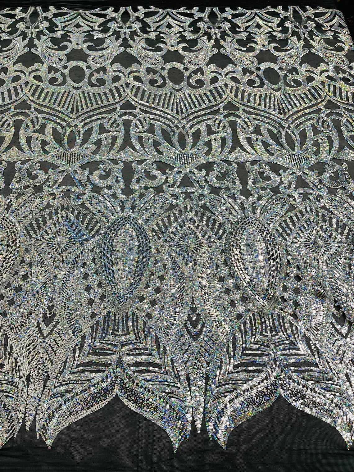 Royalty Damask Sequins Fabric - Silver Hologram - Fancy Royal Lace Design 4 Way Stretch Sequins By Yard