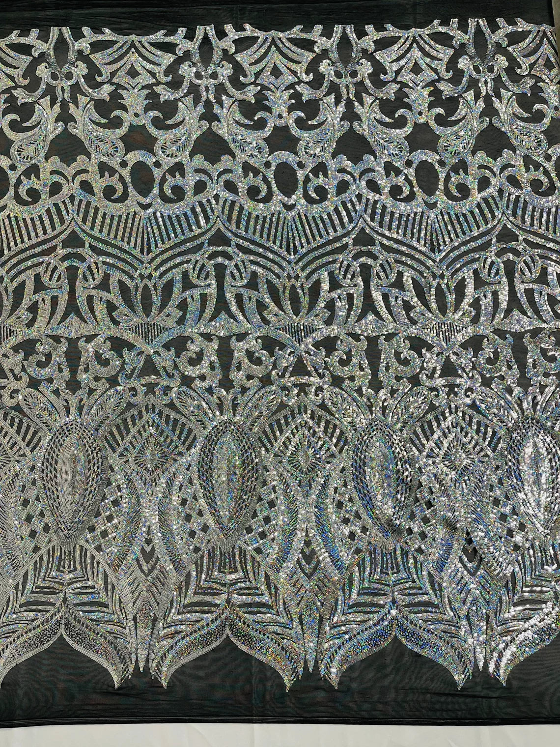 Royalty Damask Sequins Fabric - Silver Hologram - Fancy Royal Lace Design 4 Way Stretch Sequins By Yard