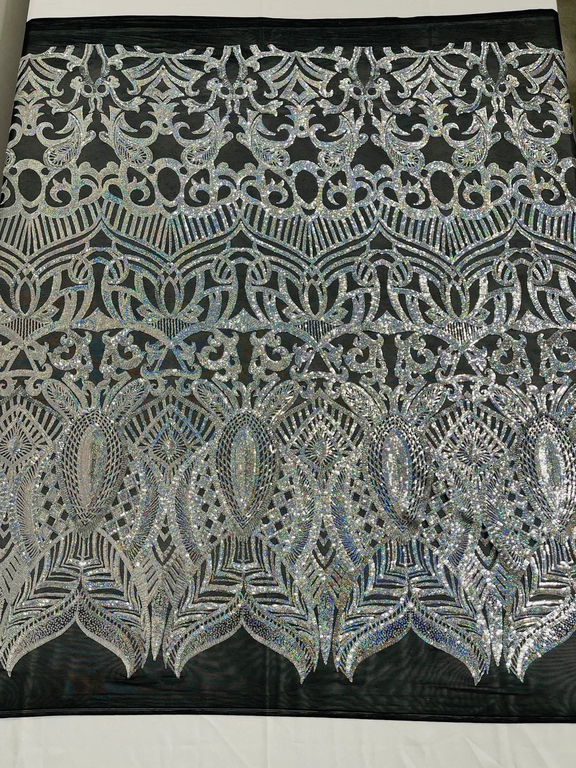 Royalty Damask Sequins Fabric - Silver Hologram - Fancy Royal Lace Design 4 Way Stretch Sequins By Yard