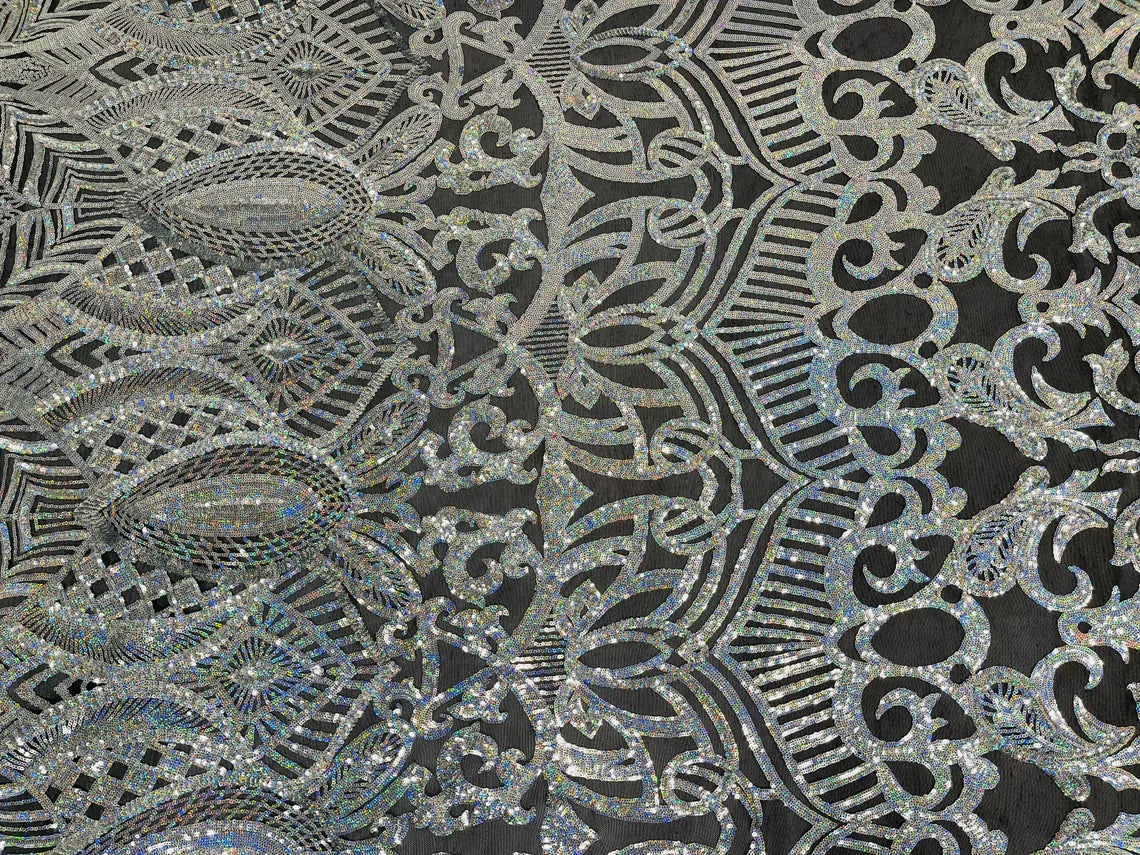 Royalty Damask Sequins Fabric - Silver Hologram - Fancy Royal Lace Design 4 Way Stretch Sequins By Yard