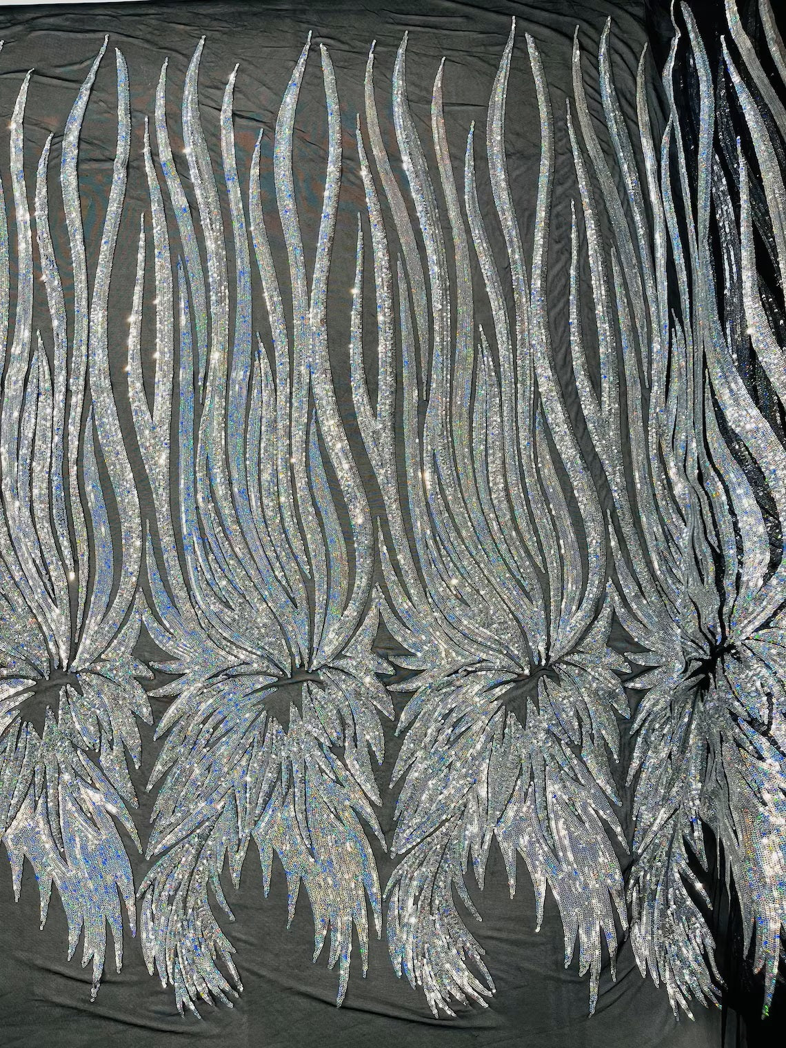 Wings Sequins Fabric - Silver Holographic - Large Feather Wings 4 Way Stretch Sequins Design By Yard