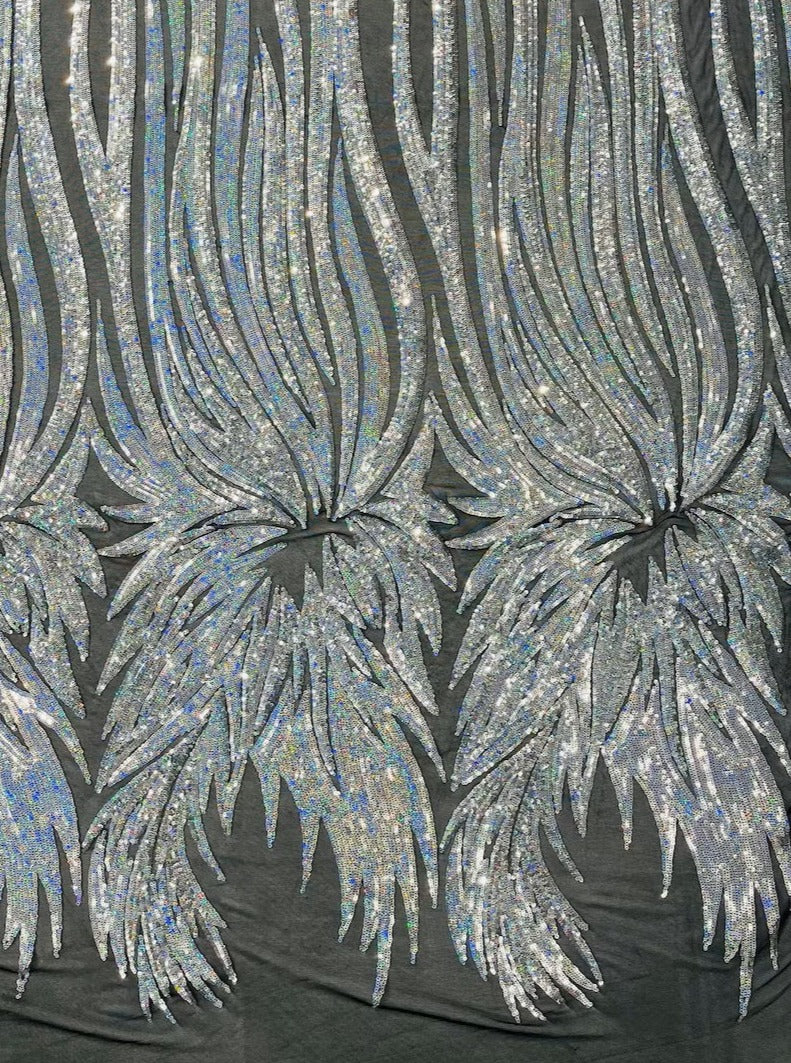 Wings Sequins Fabric - Silver Holographic - Large Feather Wings 4 Way Stretch Sequins Design By Yard