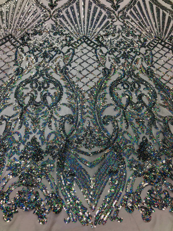 Seashell Geometric Sequins - Silver Holographic - Embroidered Sequins on 4 Way Stretch Lace Mesh Sold By Yard