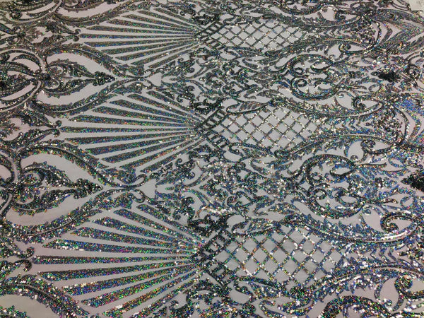 Seashell Geometric Sequins - Silver Holographic - Embroidered Sequins on 4 Way Stretch Lace Mesh Sold By Yard