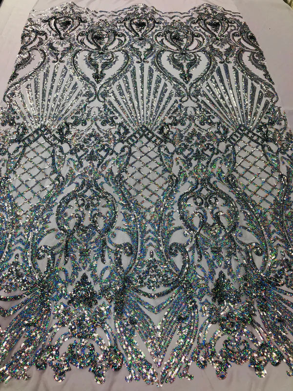 Seashell Geometric Sequins - Silver Holographic - Embroidered Sequins on 4 Way Stretch Lace Mesh Sold By Yard