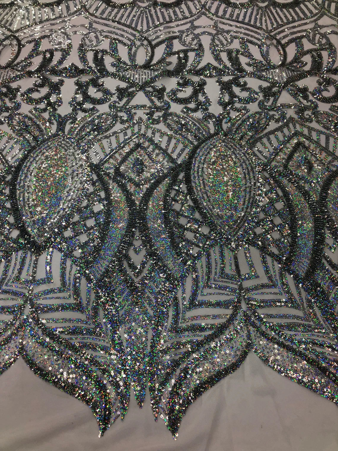 Royalty Damask Sequins Fabric - Silver Hologram on White - Fancy Royal Lace Design 4 Way Stretch Sequins By Yard
