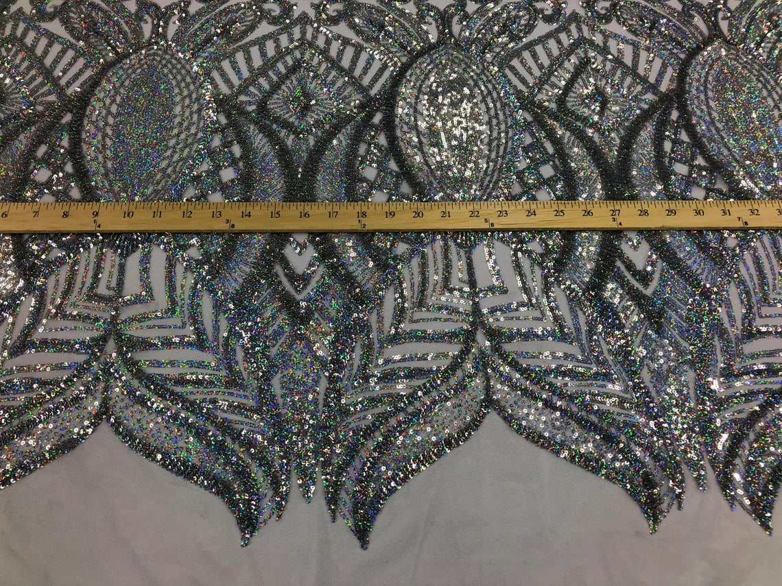 Royalty Damask Sequins Fabric - Silver Hologram on White - Fancy Royal Lace Design 4 Way Stretch Sequins By Yard