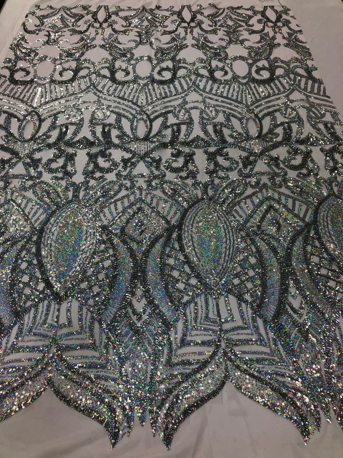 Royalty Damask Sequins Fabric - Silver Hologram on White - Fancy Royal Lace Design 4 Way Stretch Sequins By Yard