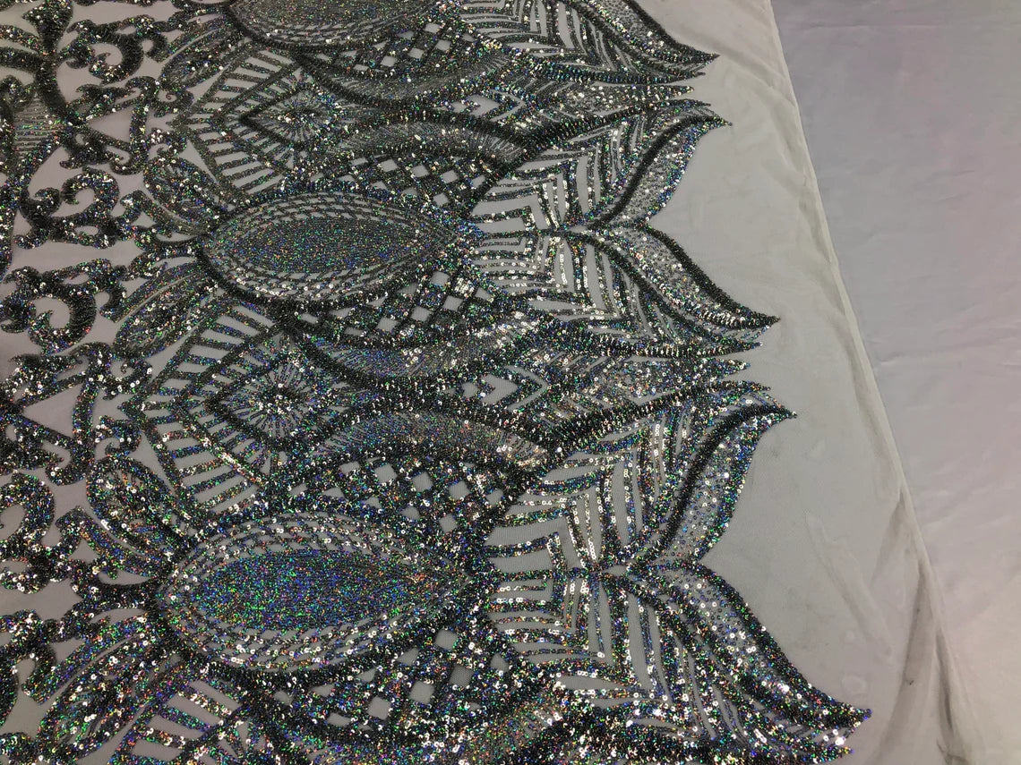 Royalty Damask Sequins Fabric - Silver Hologram on White - Fancy Royal Lace Design 4 Way Stretch Sequins By Yard