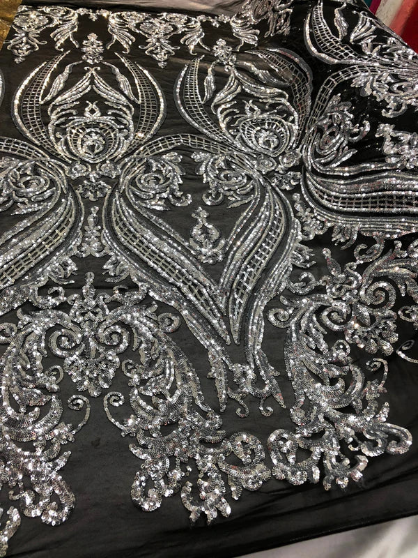 Big Damask 4 Way Sequins - Silver on Black - Embroidered Damask Design Sequins Fabric Sold By Yard