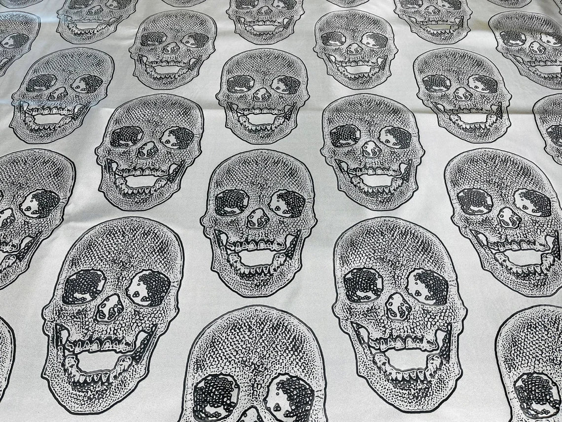 Skull Print Vinyl Fabric - Silver - High Quality Skull Skeleton Print Fabric Sold By Yard