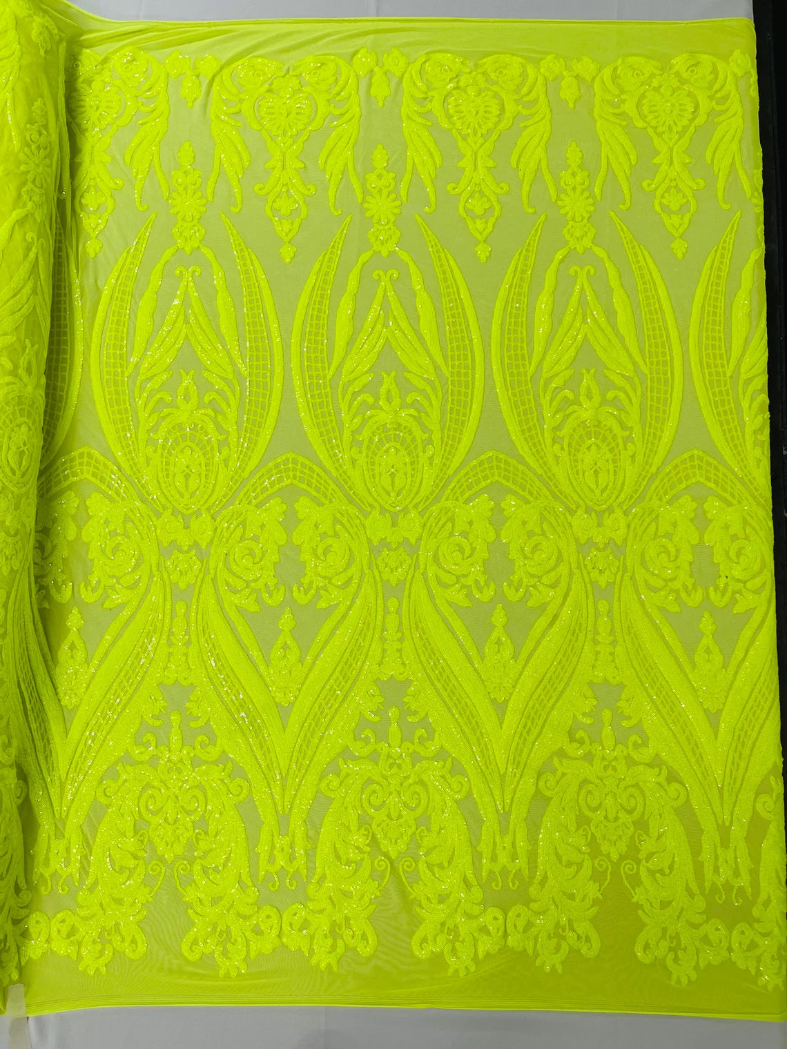 Big Damask 4 Way Sequins - Solid Neon Yellow - Embroidered Damask Design Sequins Fabric Sold By Yard