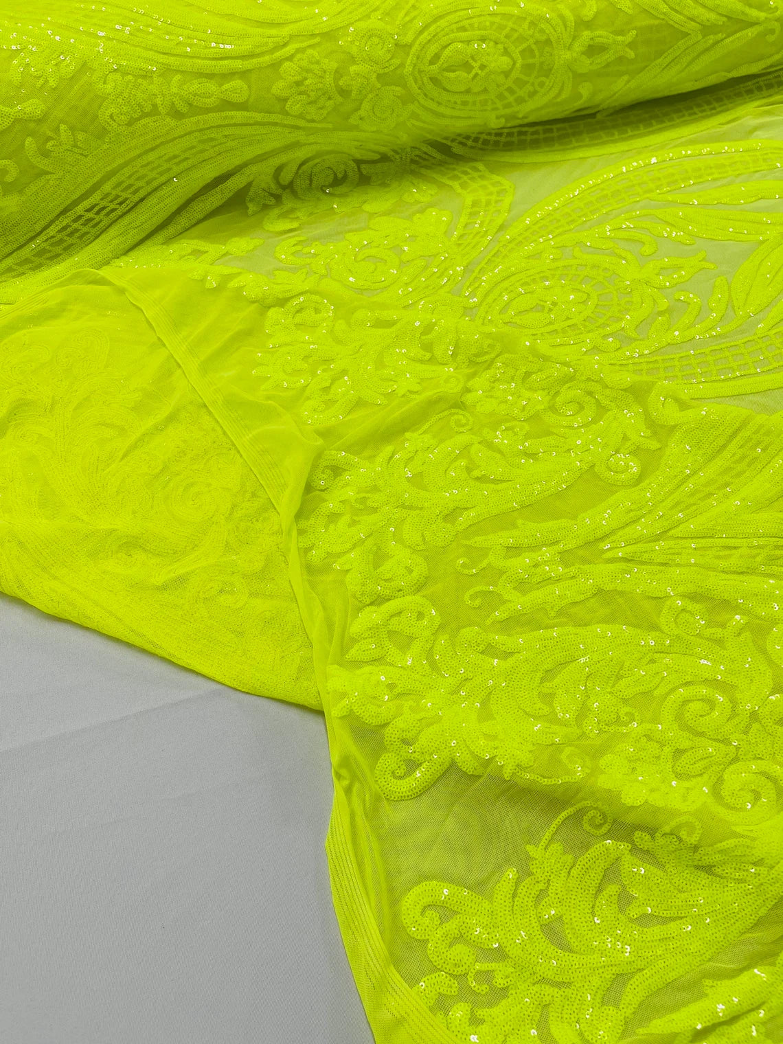 Big Damask 4 Way Sequins - Solid Neon Yellow - Embroidered Damask Design Sequins Fabric Sold By Yard