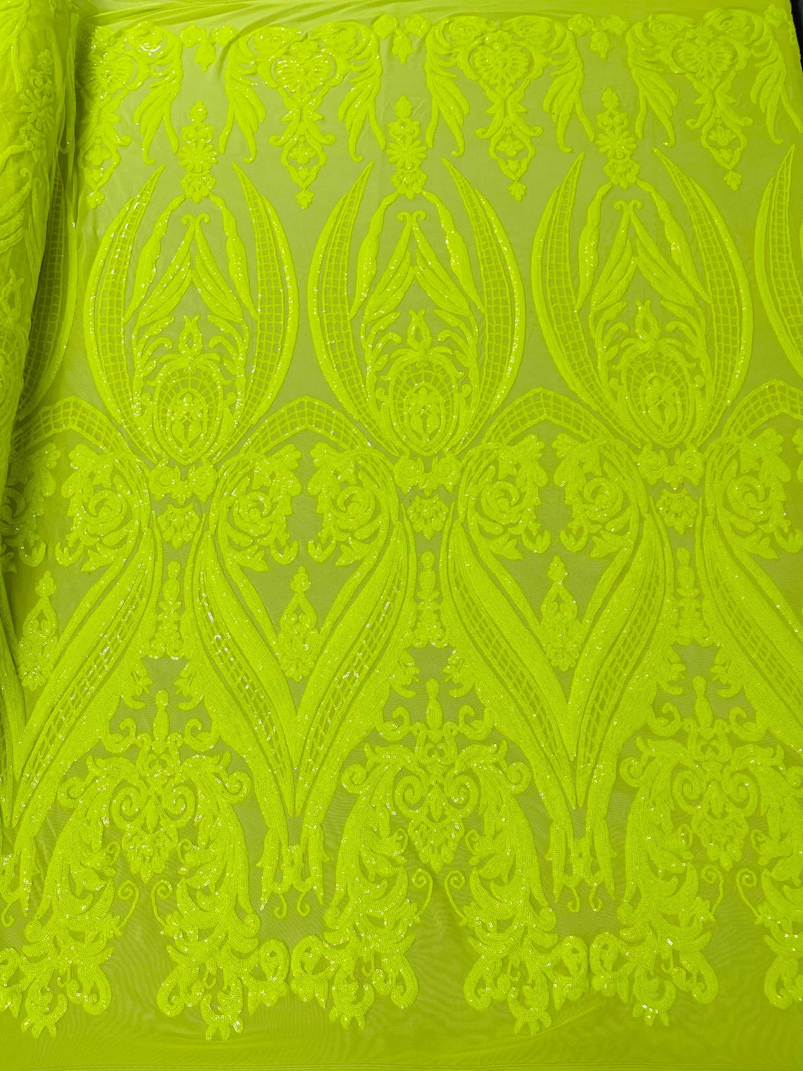 Big Damask 4 Way Sequins - Solid Neon Yellow - Embroidered Damask Design Sequins Fabric Sold By Yard