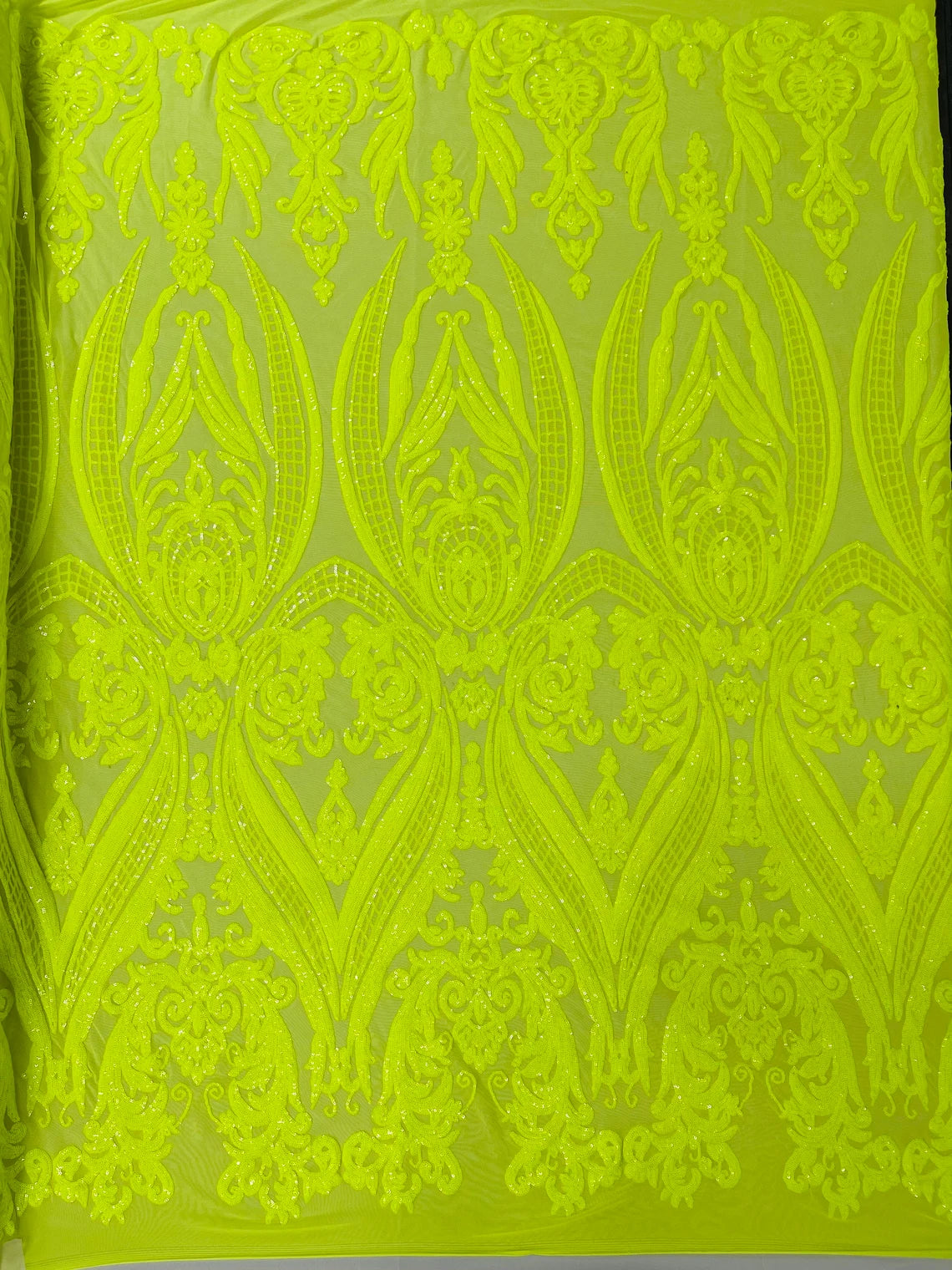 Big Damask 4 Way Sequins - Solid Neon Yellow - Embroidered Damask Design Sequins Fabric Sold By Yard