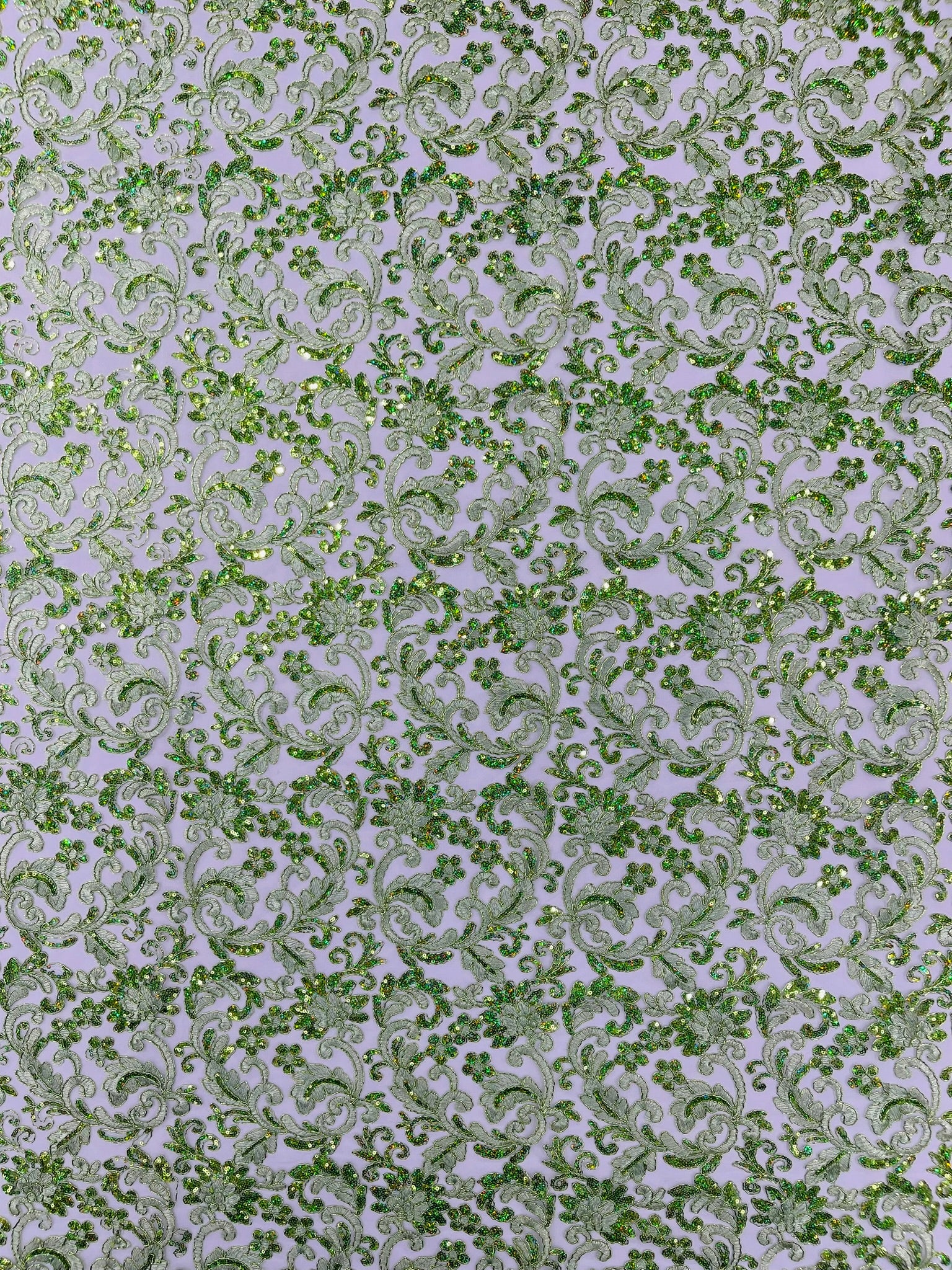 Metallic Corded Lace Design Embroidered With Holographic Sequins on a Mesh 54” Wide.