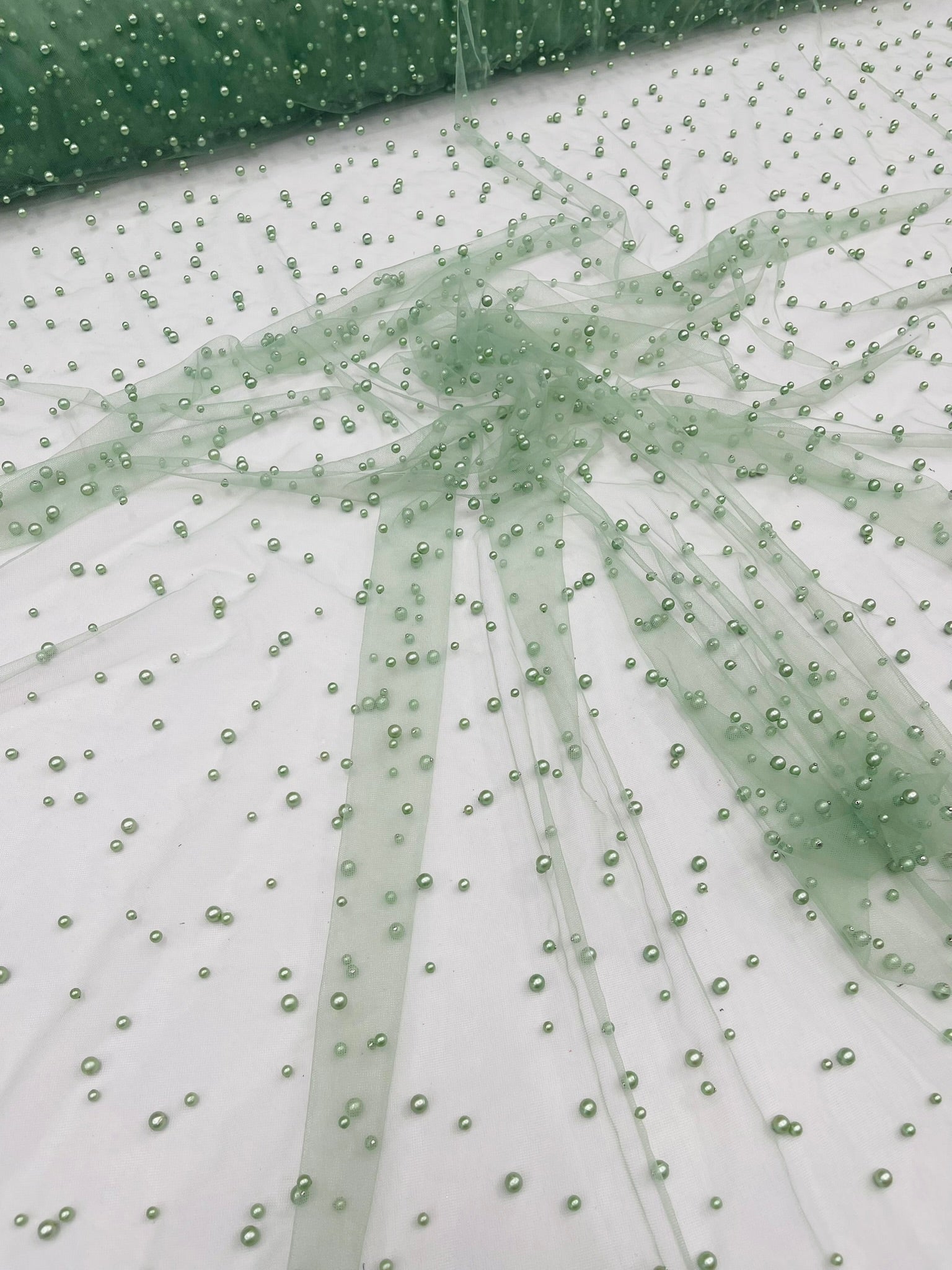 Scattered Pearls Studded Mesh, 2-Way Stretch, Sold by the yard.