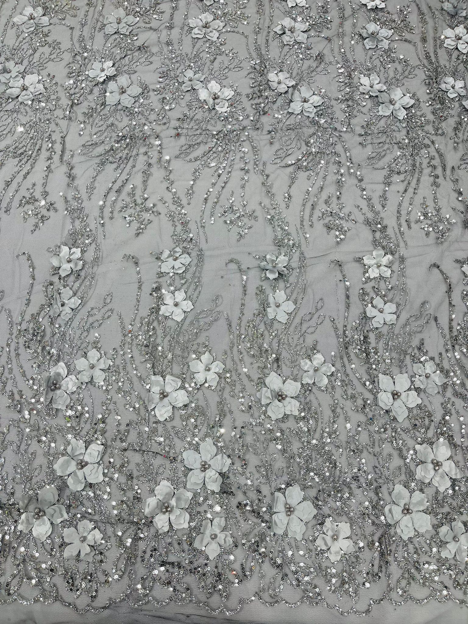 3d Luxury satin flower glitter sequin fabric/prom fabric/wedding lace/costume/apparel.