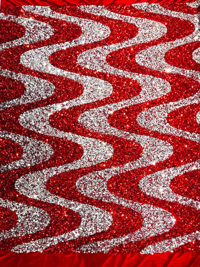 Silver-Red Sequin Wave stretch velvet all over 5mm shining sequins 2-way stretch, sold by the yard