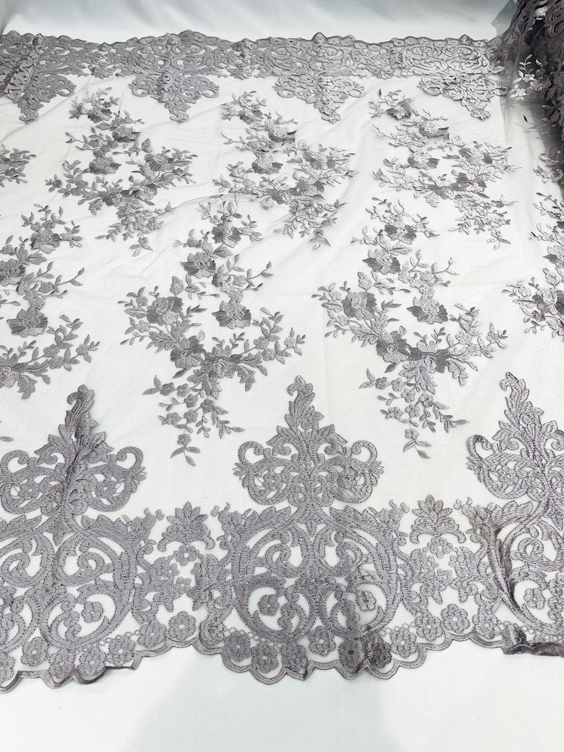 Elegant flower damask flat lace embroidery on a mesh-sold by the yard.