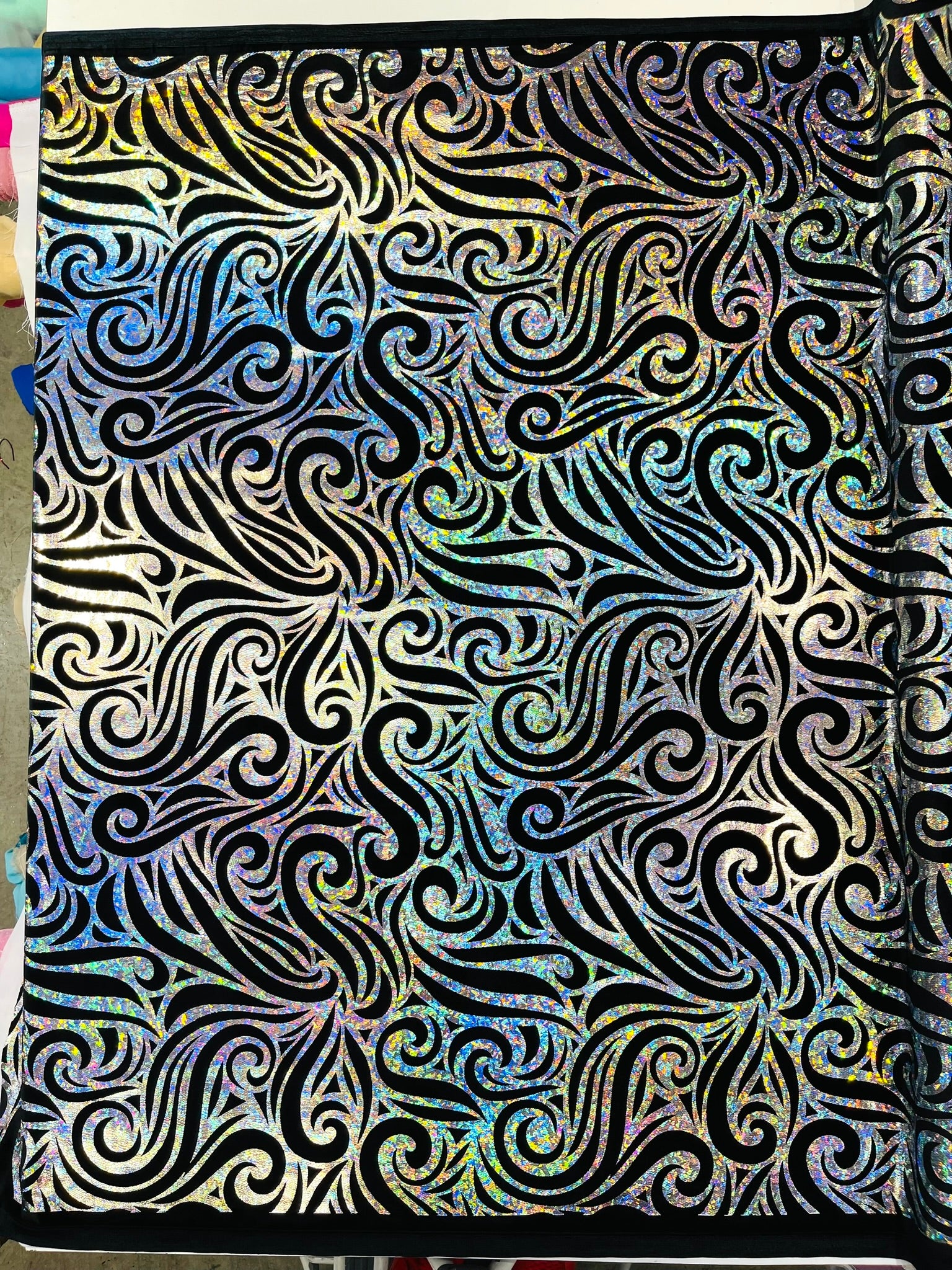 Holographic Foil Tribal Flame Design On A Stretch Velvet Fabric. Sold By The Yard