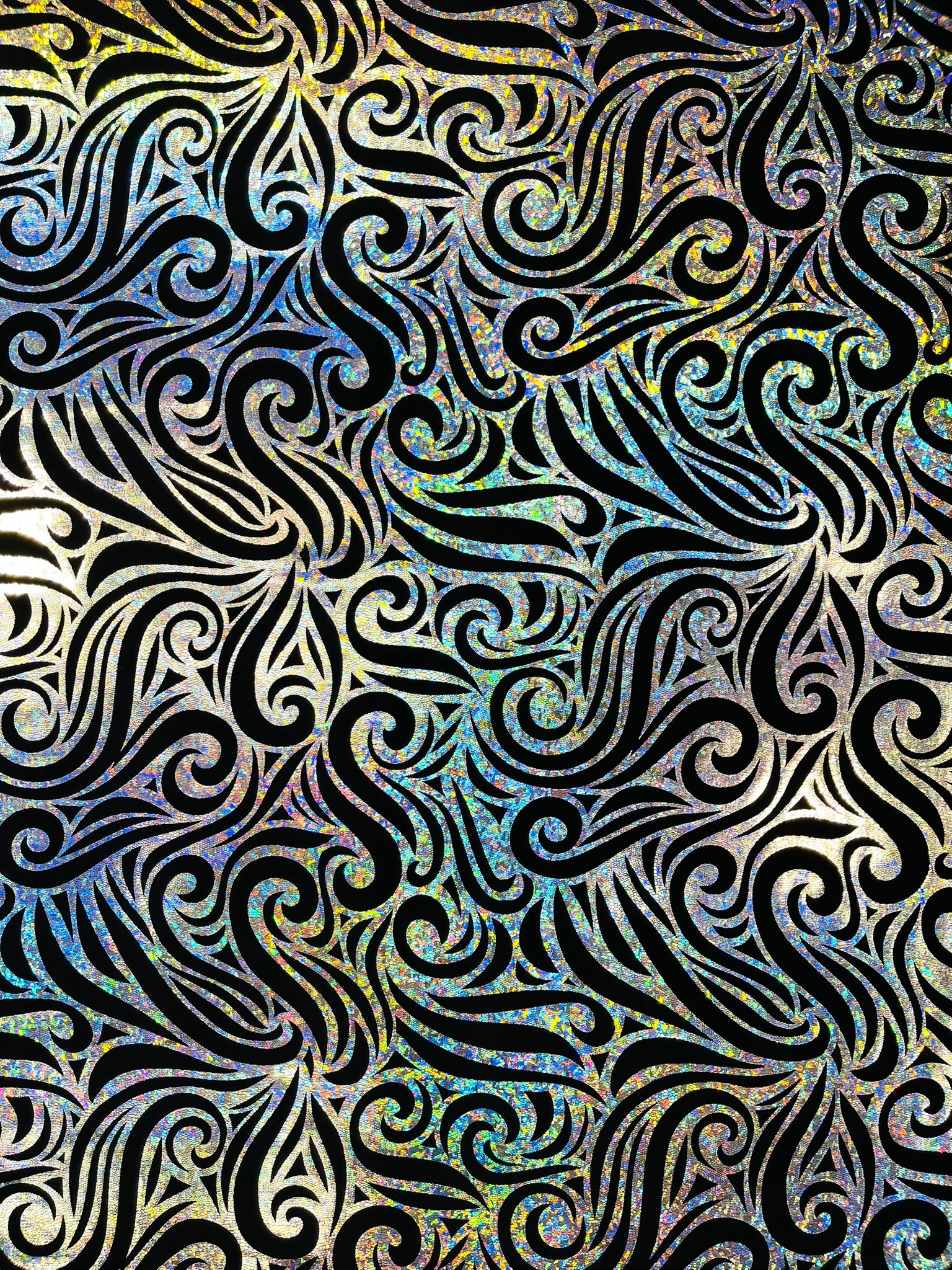 Holographic Foil Tribal Flame Design On A Stretch Velvet Fabric. Sold By The Yard