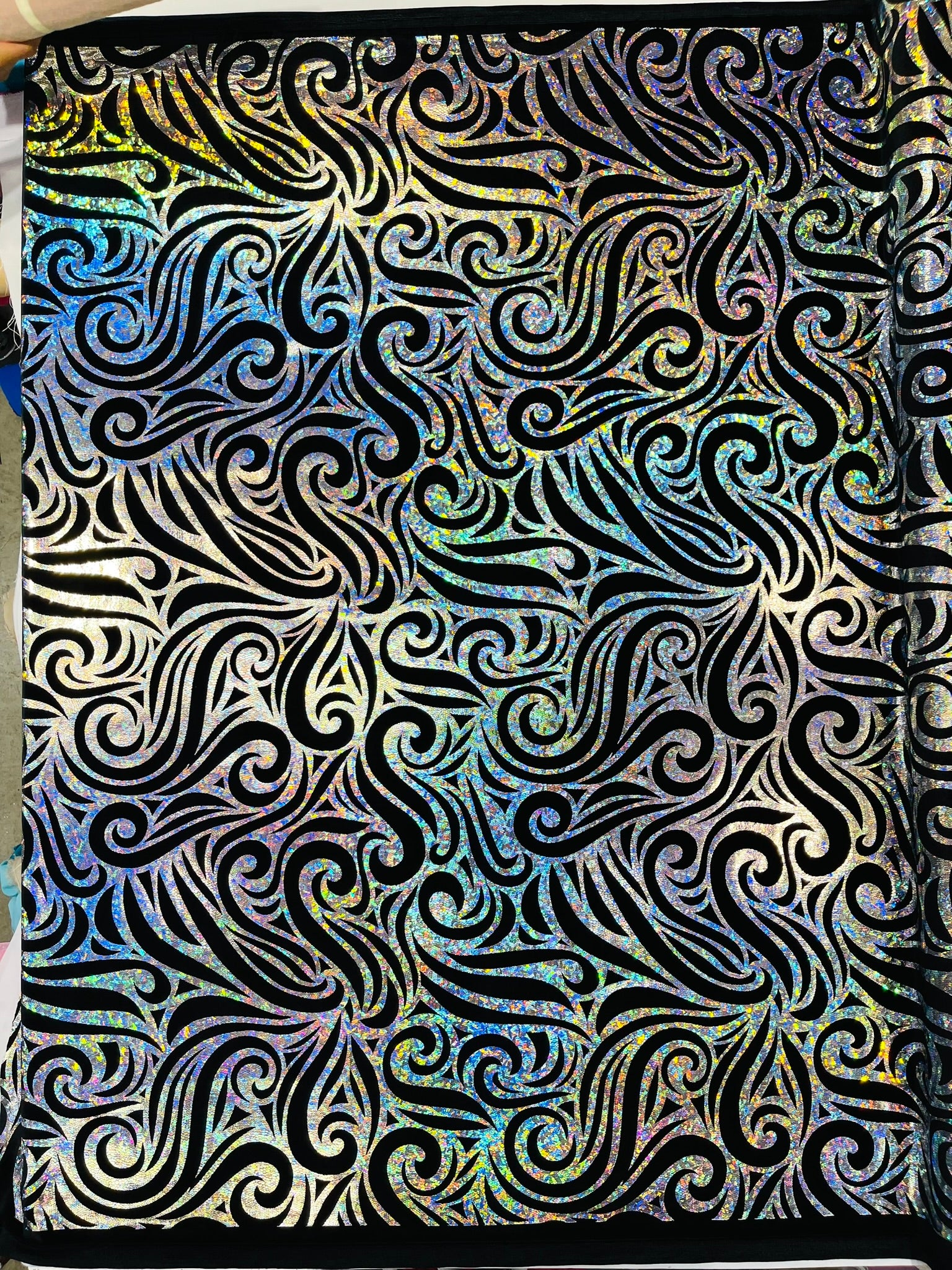 Holographic Foil Tribal Flame Design On A Stretch Velvet Fabric. Sold By The Yard