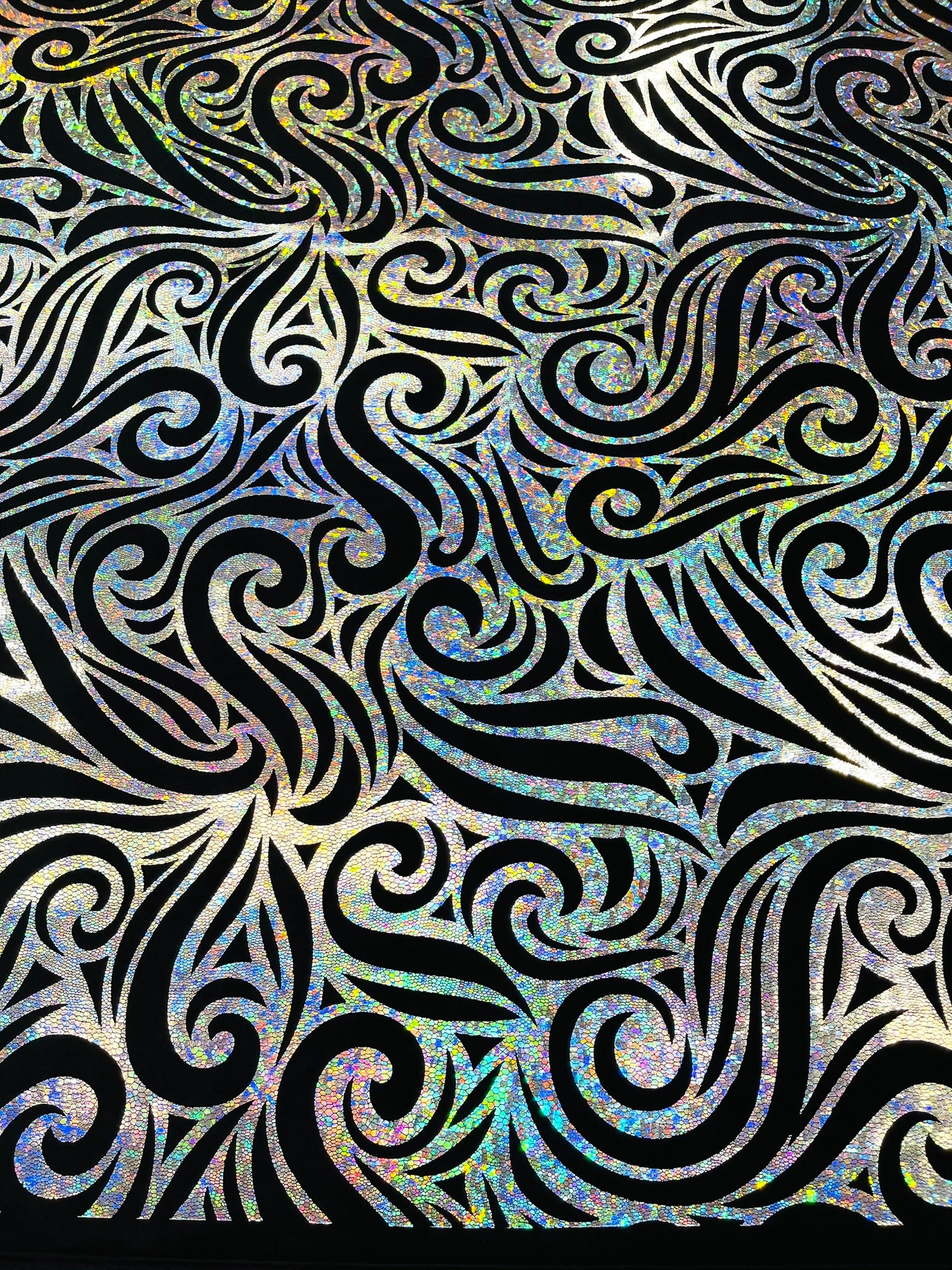 Holographic Foil Tribal Flame Design On A Stretch Velvet Fabric. Sold By The Yard