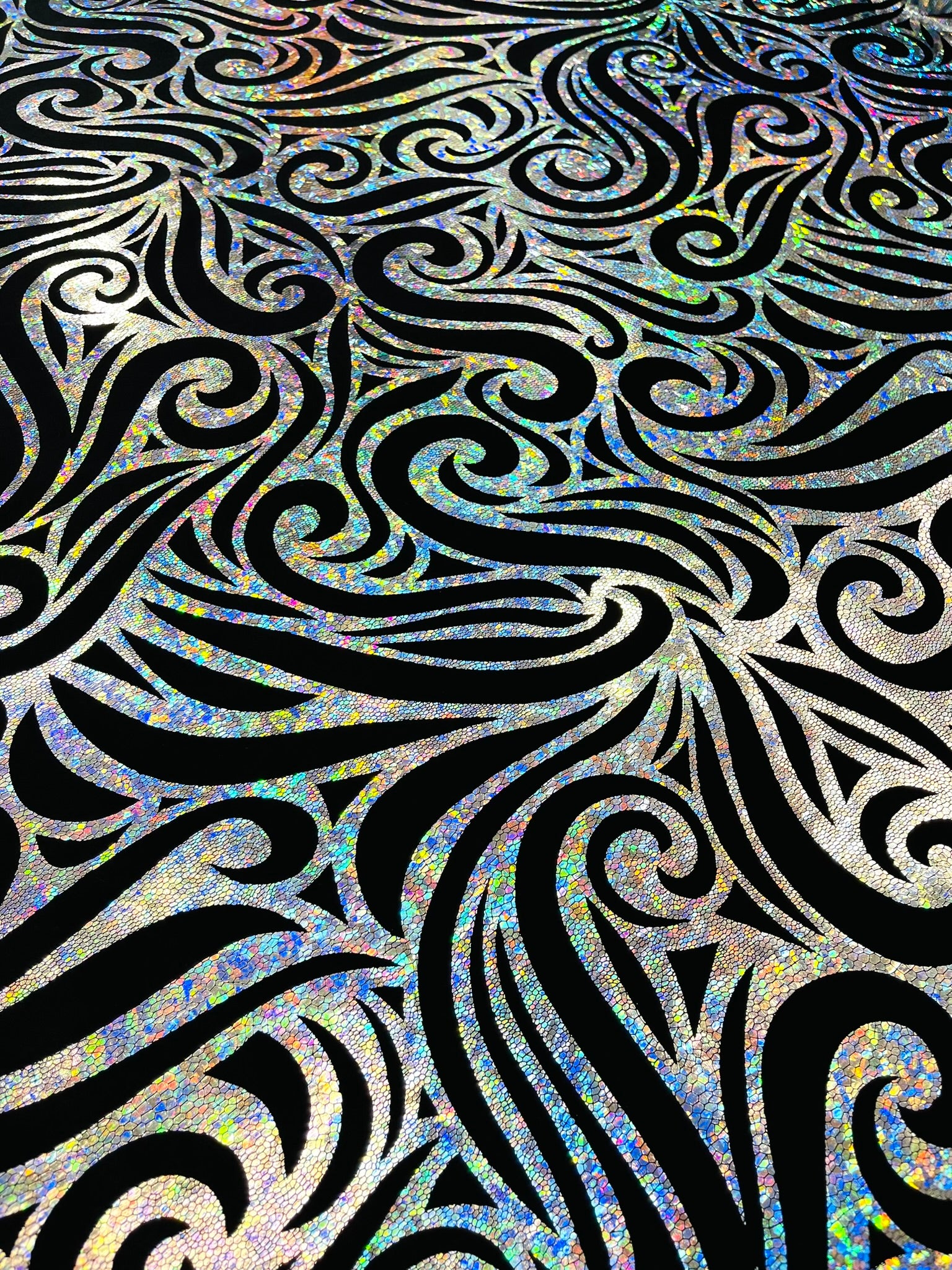 Holographic Foil Tribal Flame Design On A Stretch Velvet Fabric. Sold By The Yard