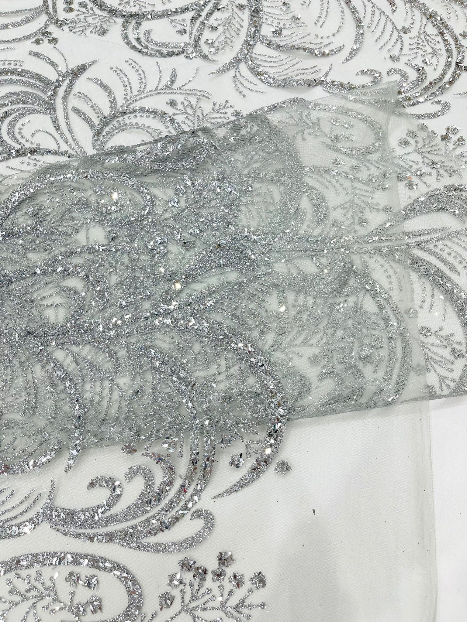 Palm Glitter Vine Design On A Mesh Lace Fabric 58"' Wide Prom.