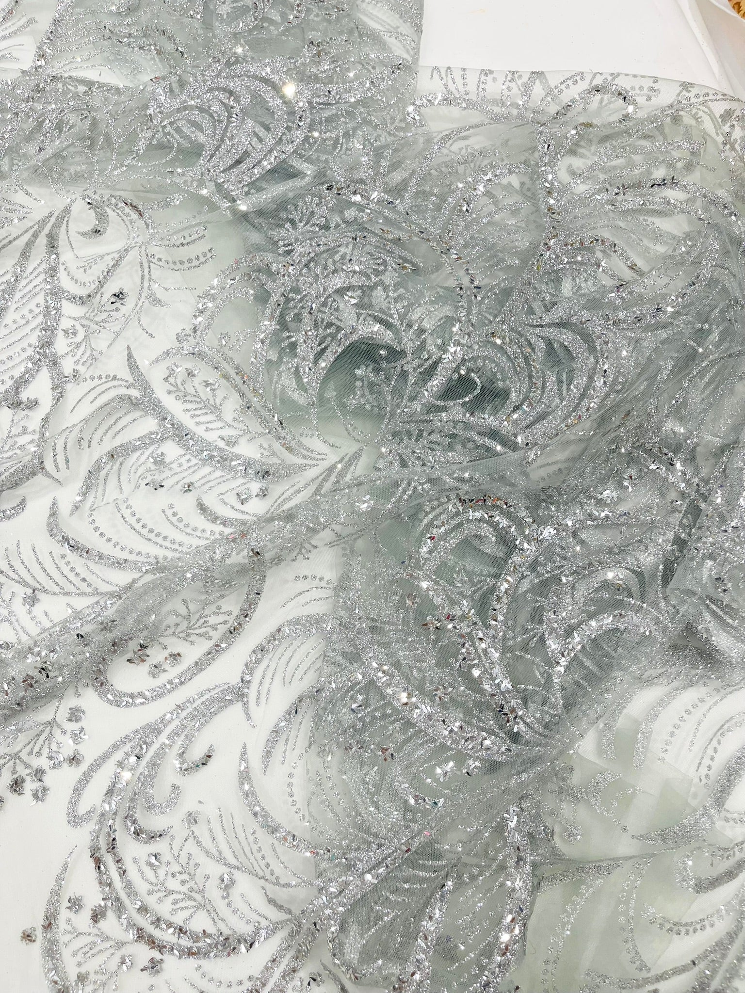Palm Glitter Vine Design On A Mesh Lace Fabric 58"' Wide Prom.