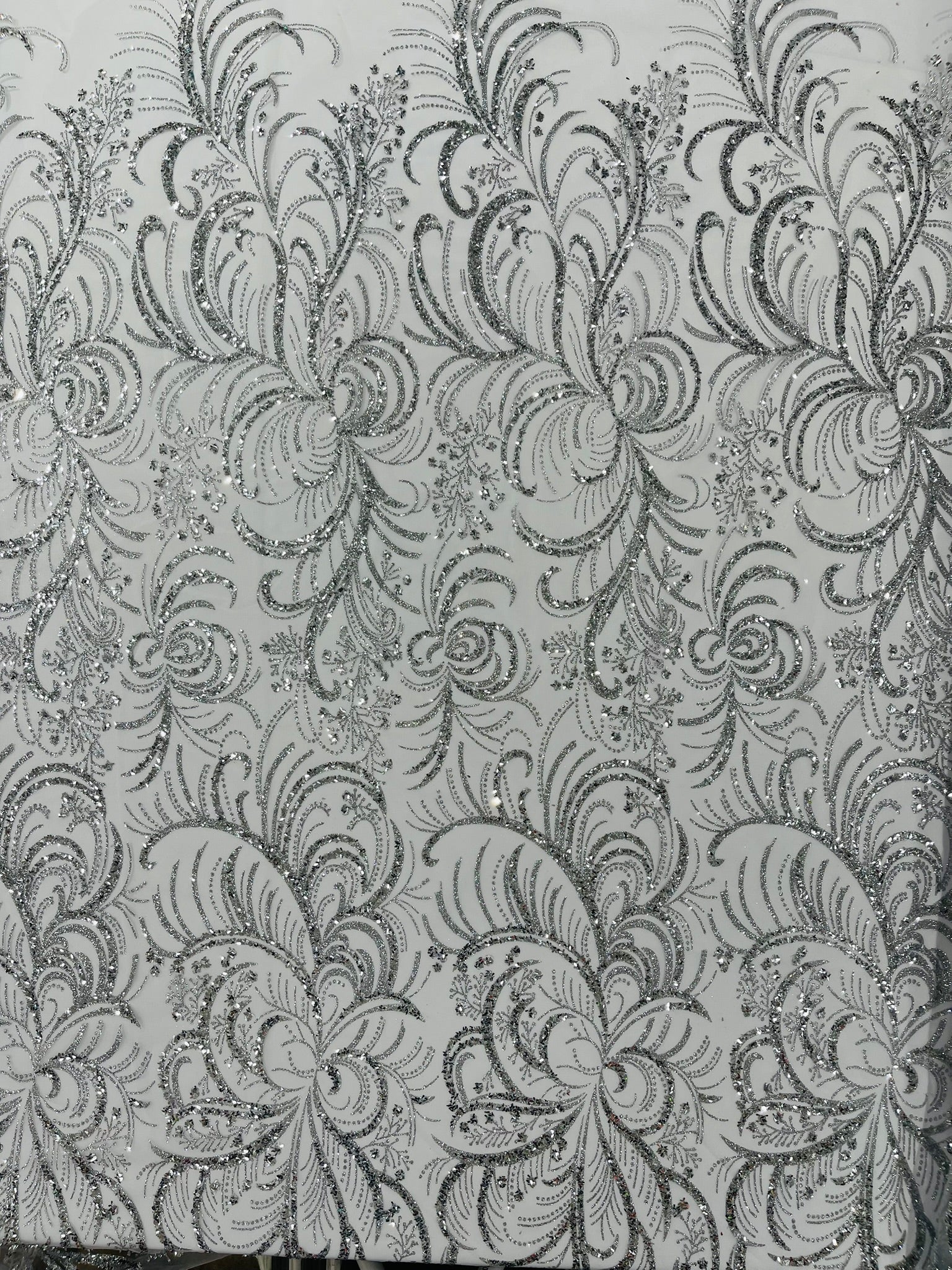 Palm Glitter Vine Design On A Mesh Lace Fabric 58"' Wide Prom.
