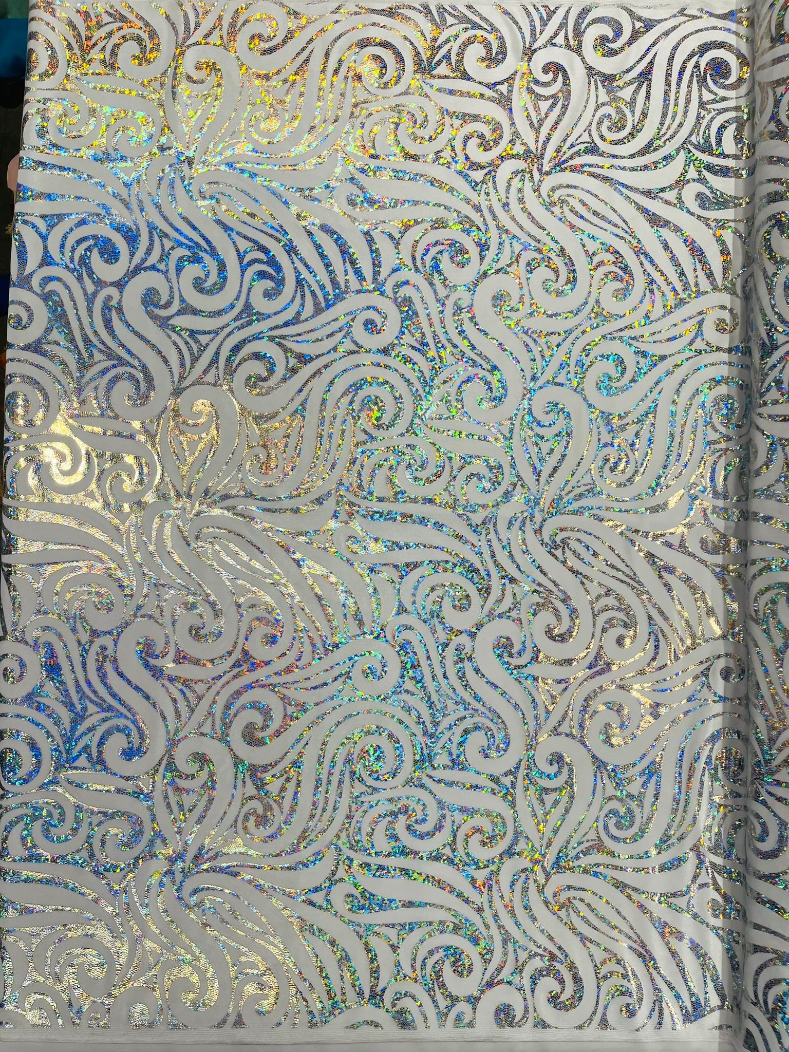 Holographic Foil Tribal Flame Design On A Stretch Velvet Fabric. Sold By The Yard