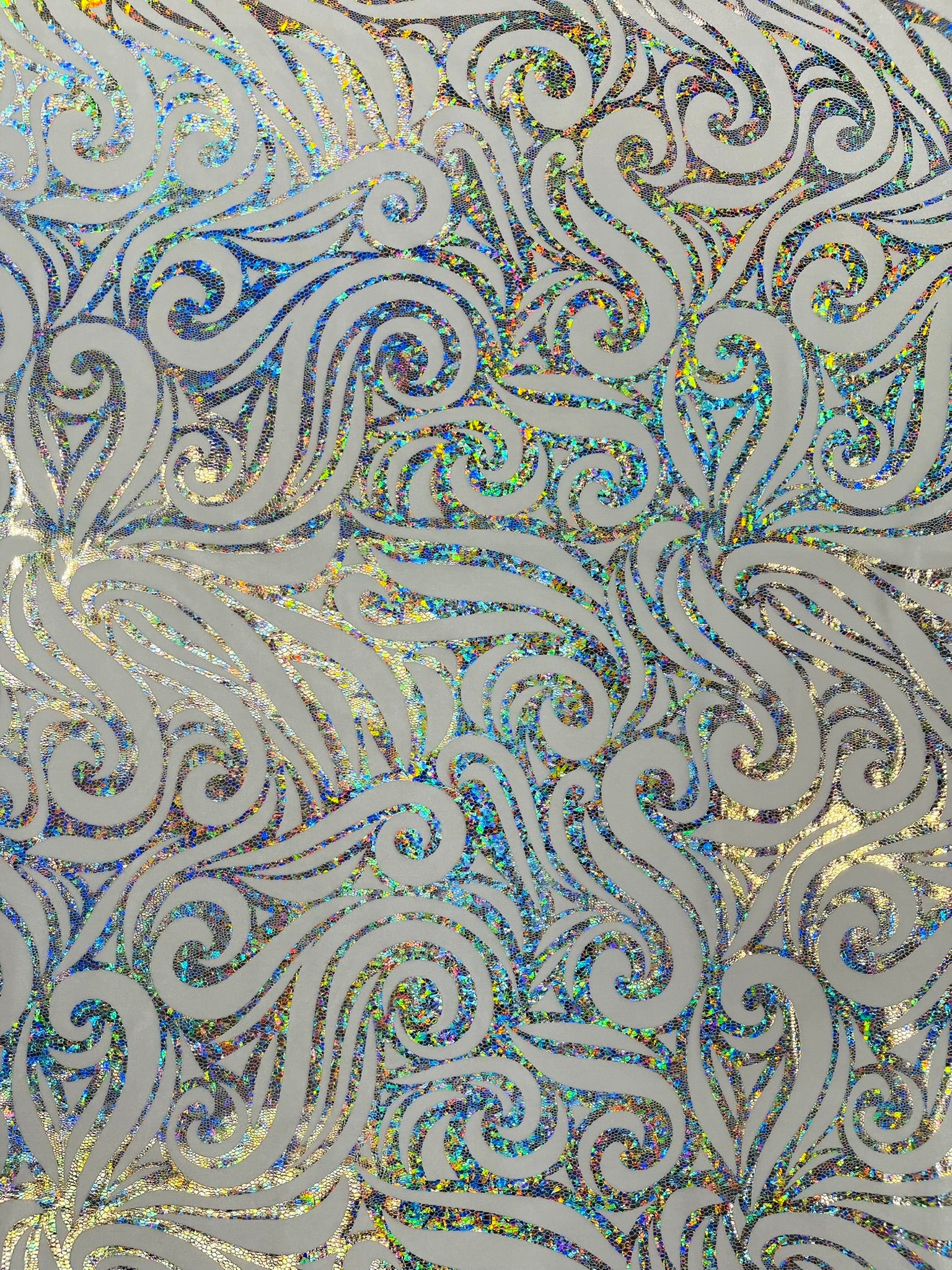 Holographic Foil Tribal Flame Design On A Stretch Velvet Fabric. Sold By The Yard