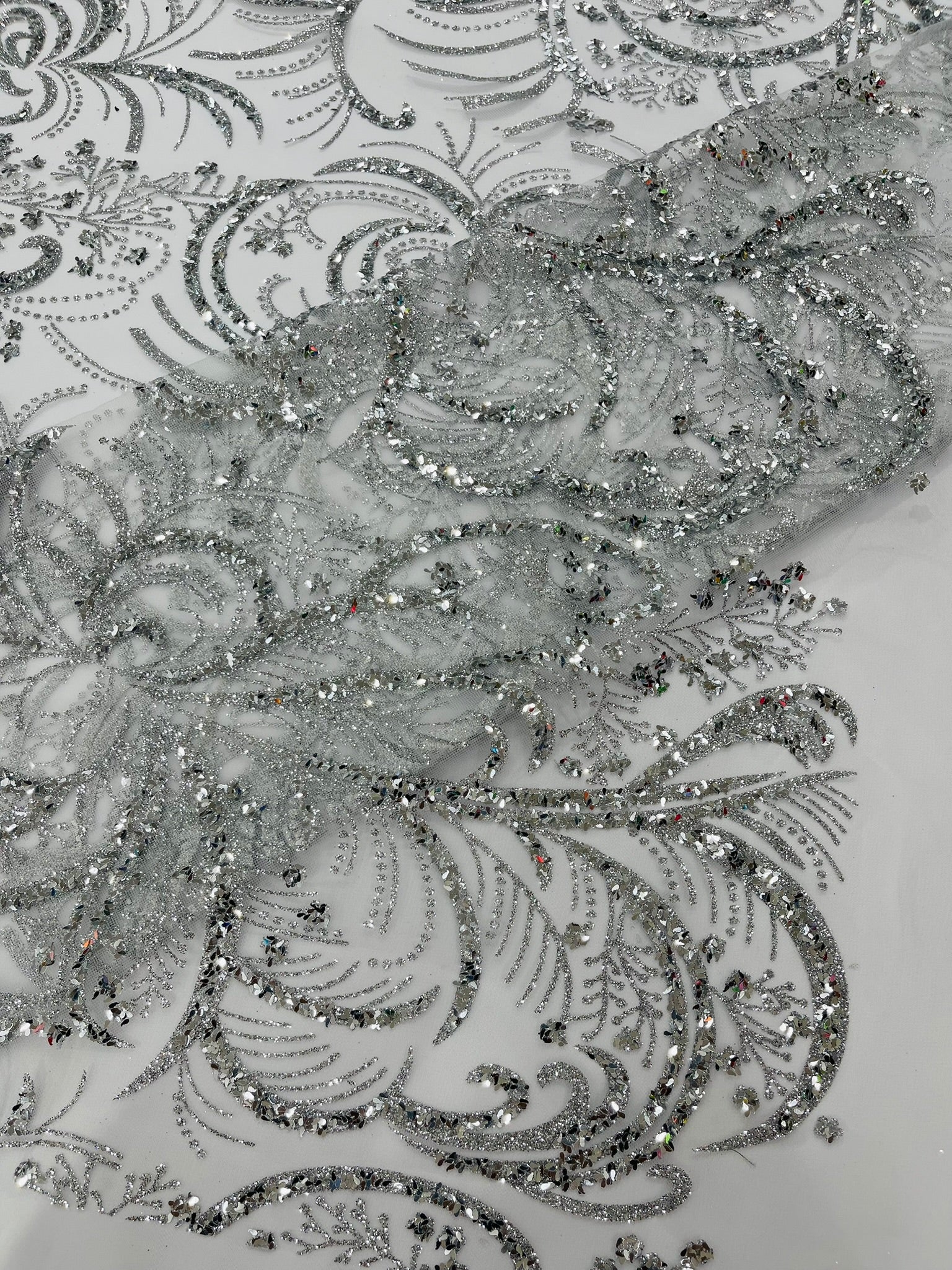 Palm Glitter Vine Design On A Mesh Lace Fabric 58"' Wide Prom.